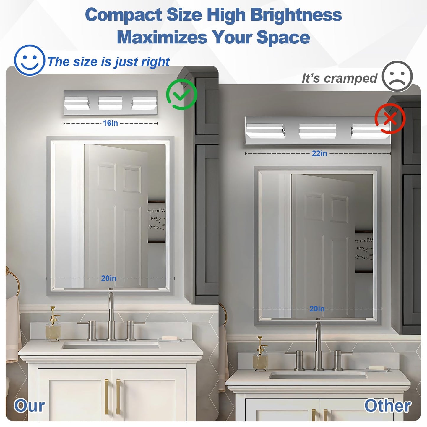 JZEKVN Modern LED Small Bathroom Lights Fixtures 3-Light,Stainless Steel Chrome Acrylic Wall Lighting,Vanity Lights for Bathroom Over Mirror 6000K 16in