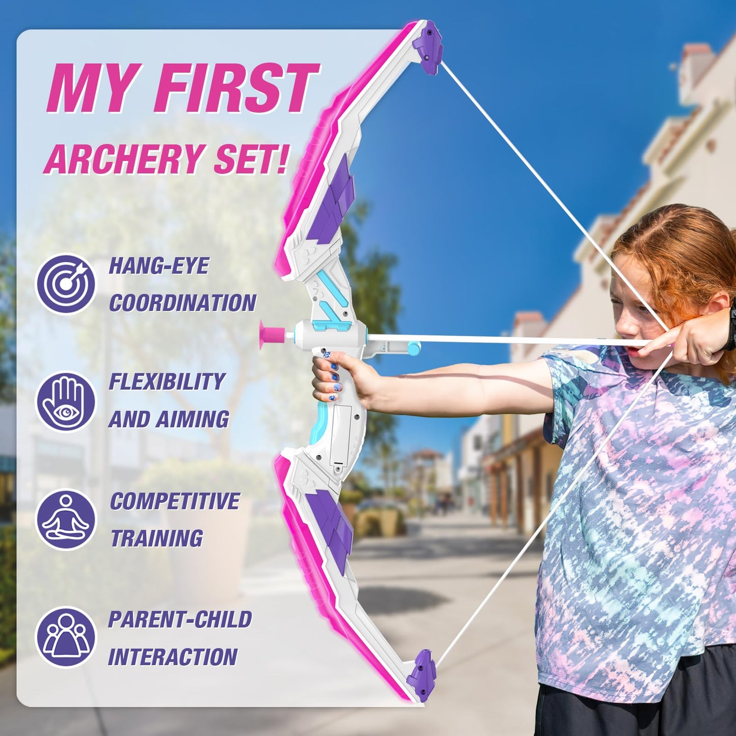 HYES Bow and Arrow for Kids, LED Light Up Archery Set with 12 Suction Cup Arrows, 3 Score Targets, 1 Hanging Target & Quiver, Indoor Outdoor Sport Toys Gifts for Girls Boys Ages 4-12, Purple