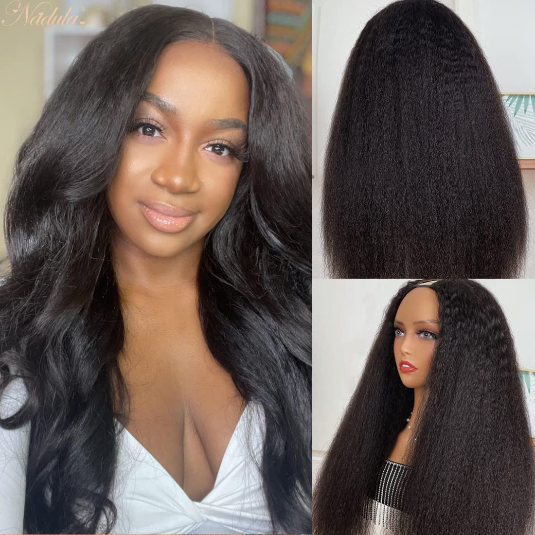 Nadula V Part Kinky Straight Wig Human Hair Glueless No Leave Out Upgraded U Part Wigs for Women,Yaki Straight V-part Wigs V Shape Clip in Half Wig No Glue Wear and Go 150% Density 20inch