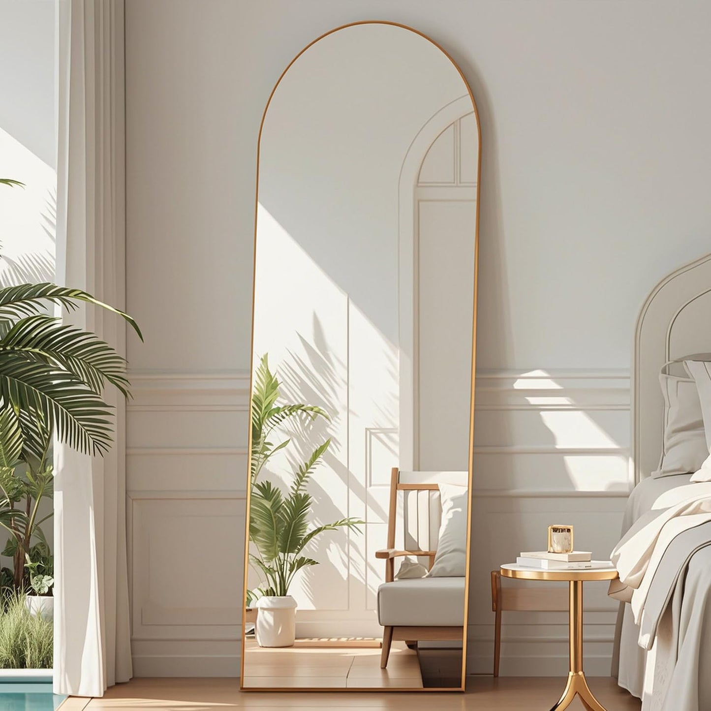 DMWOODFL 58"x18" Arched Full Length Mirror - Floor Standing or Wall Mounted with Stand, Aluminum Frame & Shatter-Proof Glass, Gold Freestanding Mirror for Bedroom, Living Room, Entryway Decor