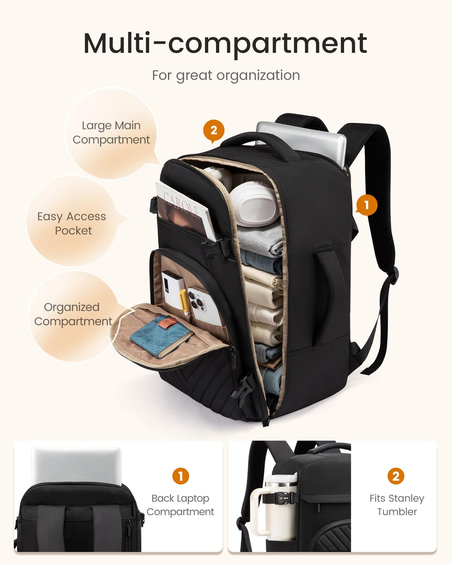 LOVEVOOK 40L Travel Backpack for Women Men, TSA Personal Item Travel Bag Fits 17.3inch Laptop, Waterproof Airline Approved Carry On Luggage With 2 Cubes for Weekender Hiking Business, Army Green