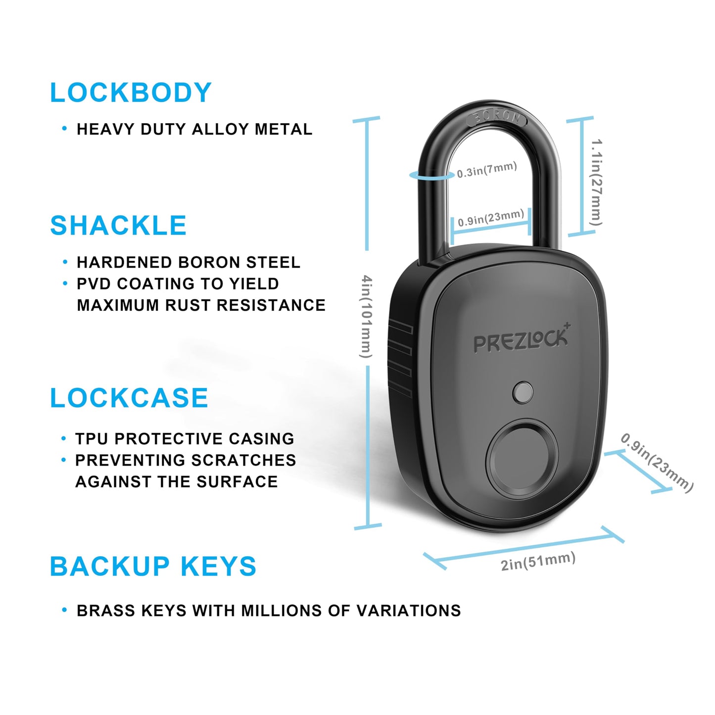 Prezlock Smart Fingerprint Padlock with Key, Biometric Padlock with APP, Suitable for Outdoor and Heavy Duty, IP65 Waterproof.