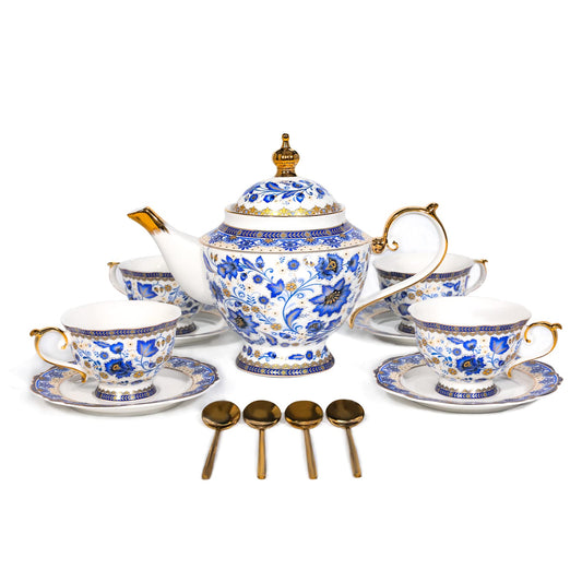 ACMLIFE Bone China Tea Set with Teapot, Blue and White Tea Set for Adults, Vintage Floral China Sets for Women Party or Gift Giving