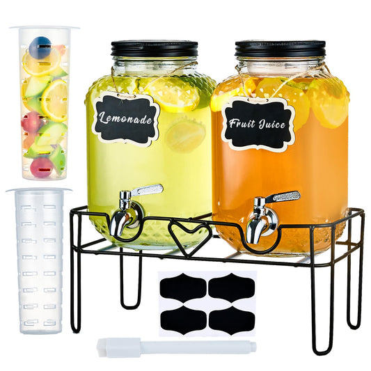 1 Gallon Glass Drink Dispensers for Parties, Beverage Dispenser with Stand and Fruit Infuser, Glass Lemonade Dispenser with Stainless Steel Spigot for Kombucha, Sun Tea, Juices, BBQ, Weddings
