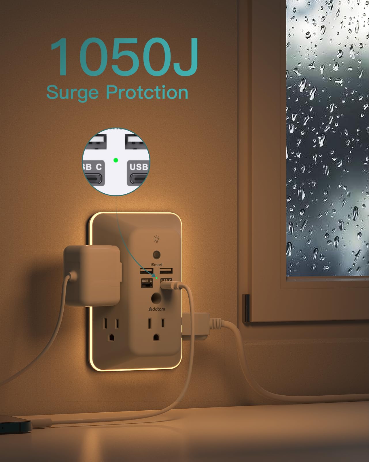 Surge Protector, Outlet Extender with Night Light, Addtam 5-Outlet Splitter and 4 USB Ports(PD 20W), Multi Plug Wall Outlet Power Strip for Home Office Dorm Room Essentials