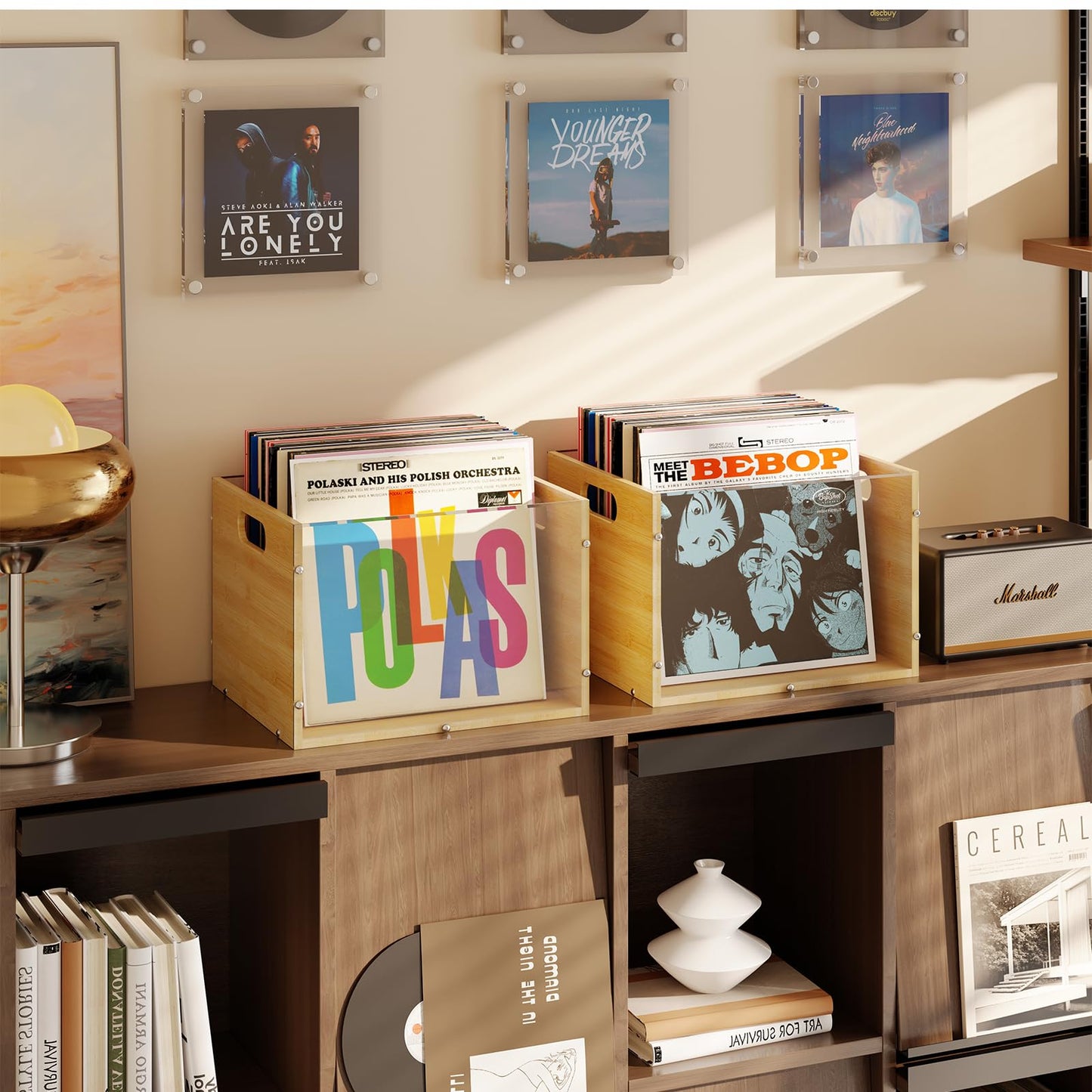 X-cosrack 2-Pack Vinyl Record Storage Box Crate, Visible Acrylic & Bamboo Vinyl Record Holder Crate with Handle, Cube CD Holder for LP Album Storage and Organizer, Easy to Assemble