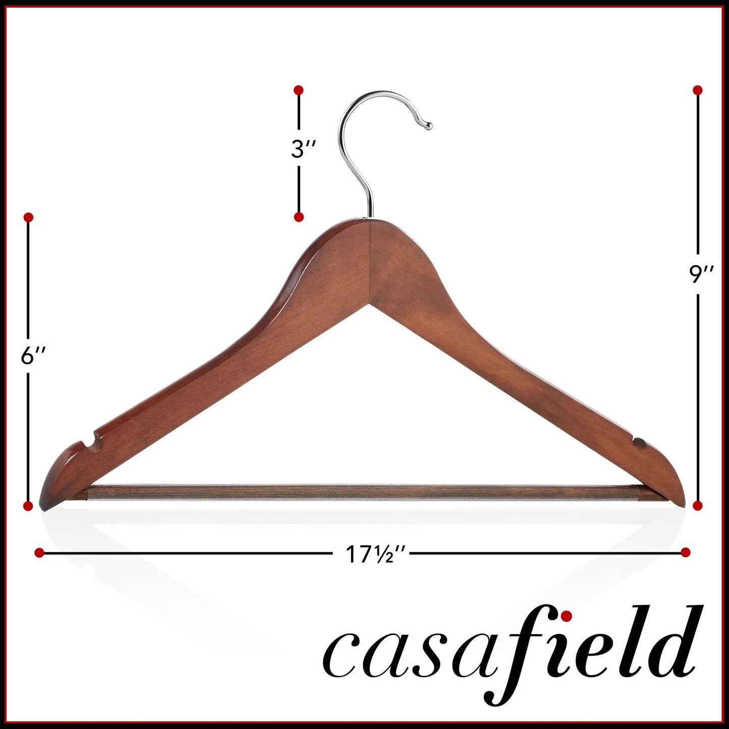 Casafield - 20 Walnut Wooden Suit Hangers - Premium Lotus Wood with Notches & Chrome Swivel Hook for Dress Clothes, Coats, Jackets, Pants, Shirts, Skirts