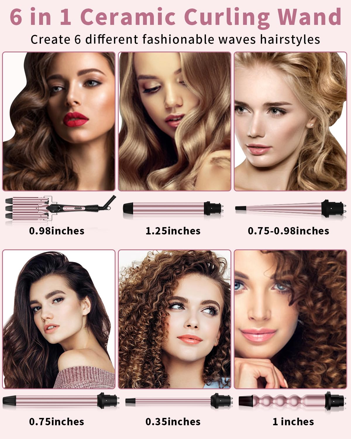 6 in 1 Curling Iron, Curling Wand Set with 3 Barrel Curling Iron and 5 Interchangeable Ceramic Curling Wand (0.35"-1.25”), Instant Heat Up 2 Temp Wand Curler, Include Heat Protective Glove & 2 Clips