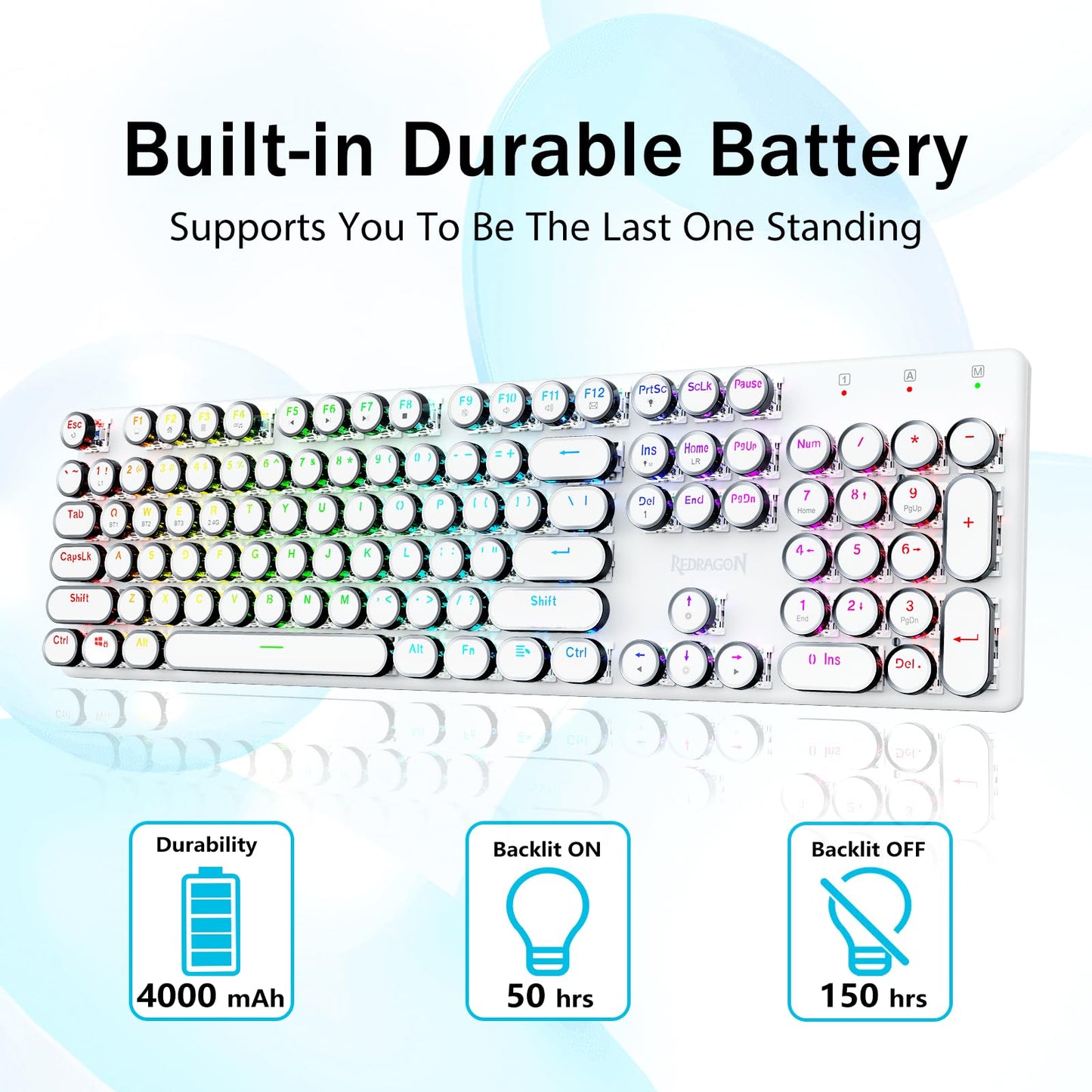 Redragon K710 Wireless Typewriter Mechanical Gaming Keyboard, Bluetooth/2.4Ghz/Wired, RGB Backlit, Blue Switch - Clicky, Rechargeable, Metal Panel, Round Keycaps, White
