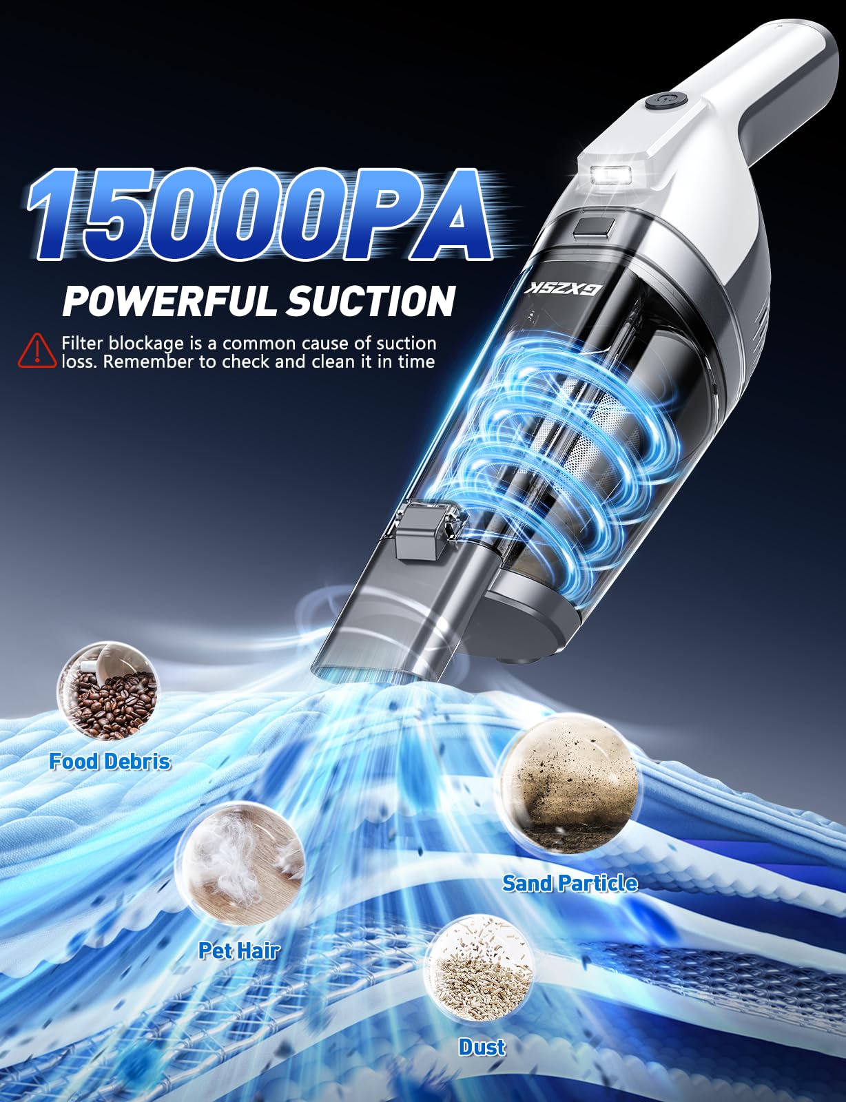 Handheld Vacuum Cordless, 15000PA Powerful Suction Hand Held Vacuum Cleaner, Car Vacuum Portable Cordless with Large-Capacity Dust Bin & LED Light, High Power Hand Vacuum for Home, Car, Office, Pet
