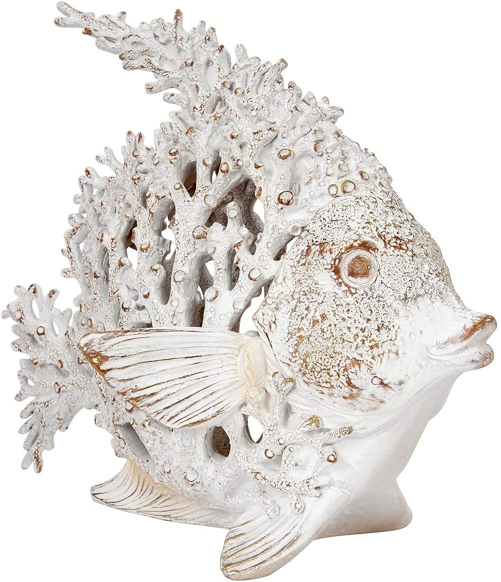 Corner Merchant Ocean Decor White Coral Reef Angelfish Sculpture Beach Home Decor Coastal Coral Look Tabletop Collection 12 in x 11 in