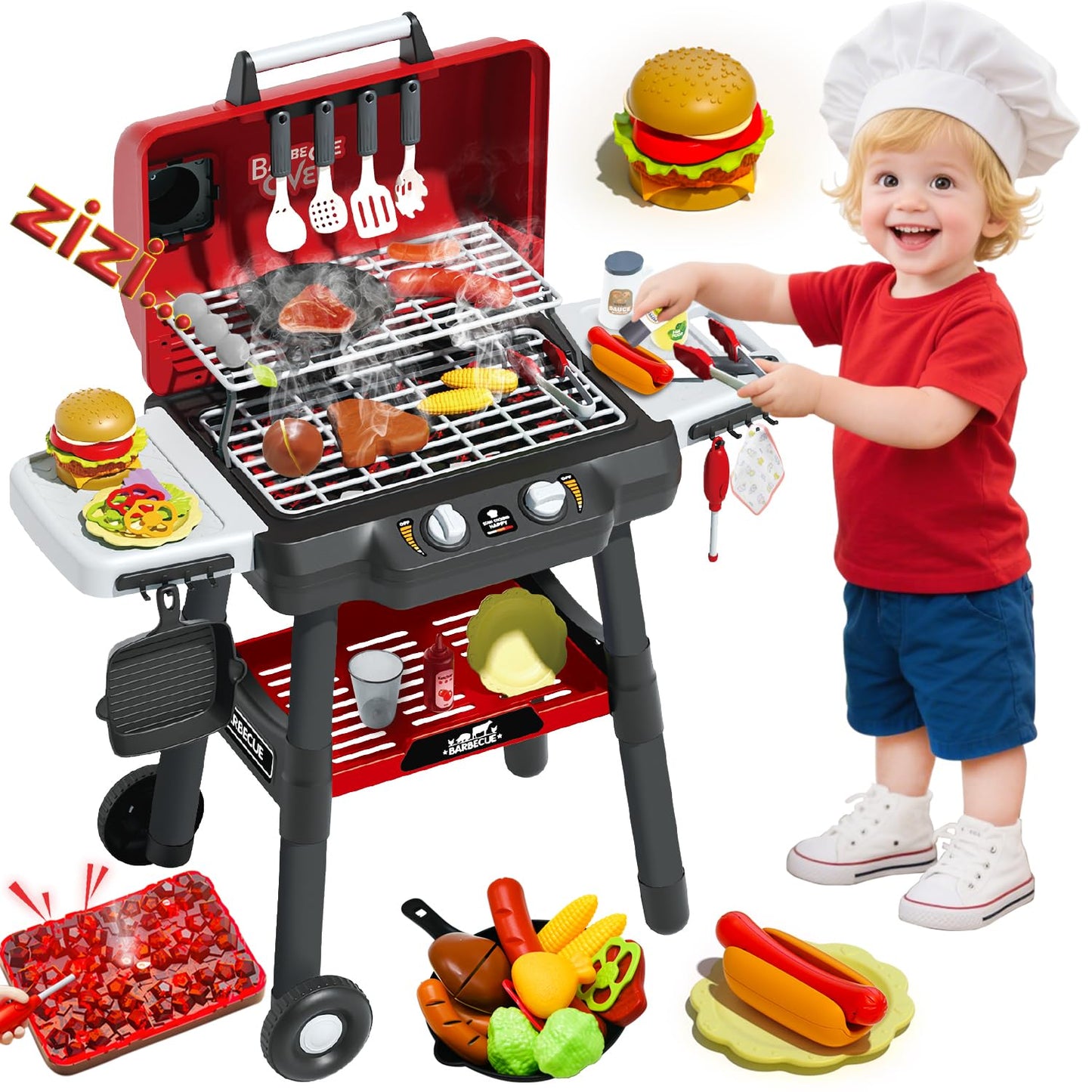Kids BBQ Grill Playset, Kitchen Playset with Smoke Sound Light and Wheel, Movable Pretend Play Toy Grills for Kids Ages 4-8, 2-Layer Outdoor Cooking Toys for Toddlers 3-5 Birthday Gifts