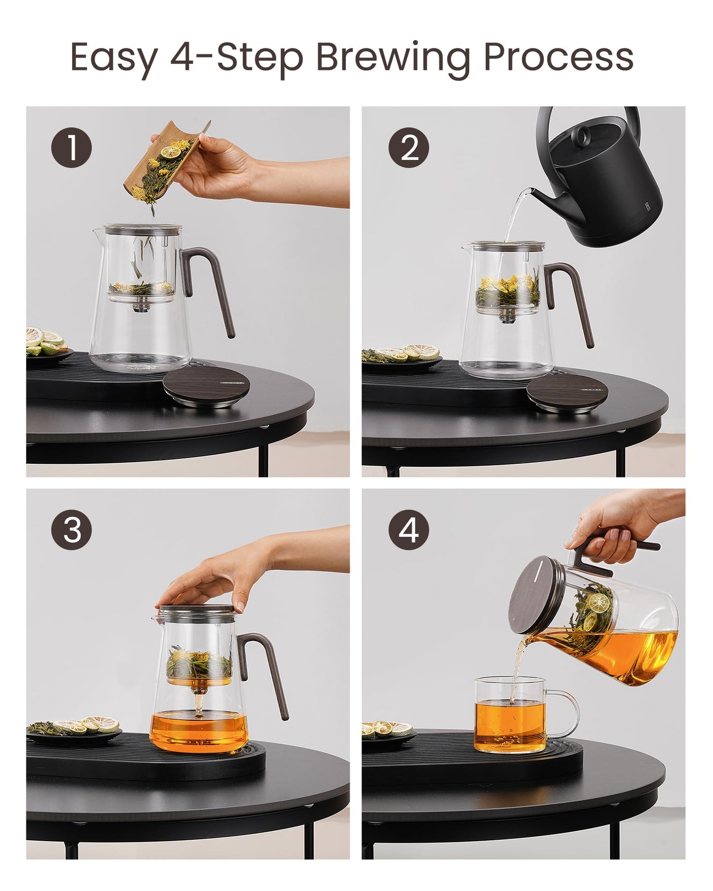 ZENS Magnetic Tea Pot, Large Enchanted Glass Teapot with Infuser and Magnetic Suction Lid for Mess-Free Loose Tea Diffusers, Black Walnut Pattern Handle, Tea Lovers Gifts