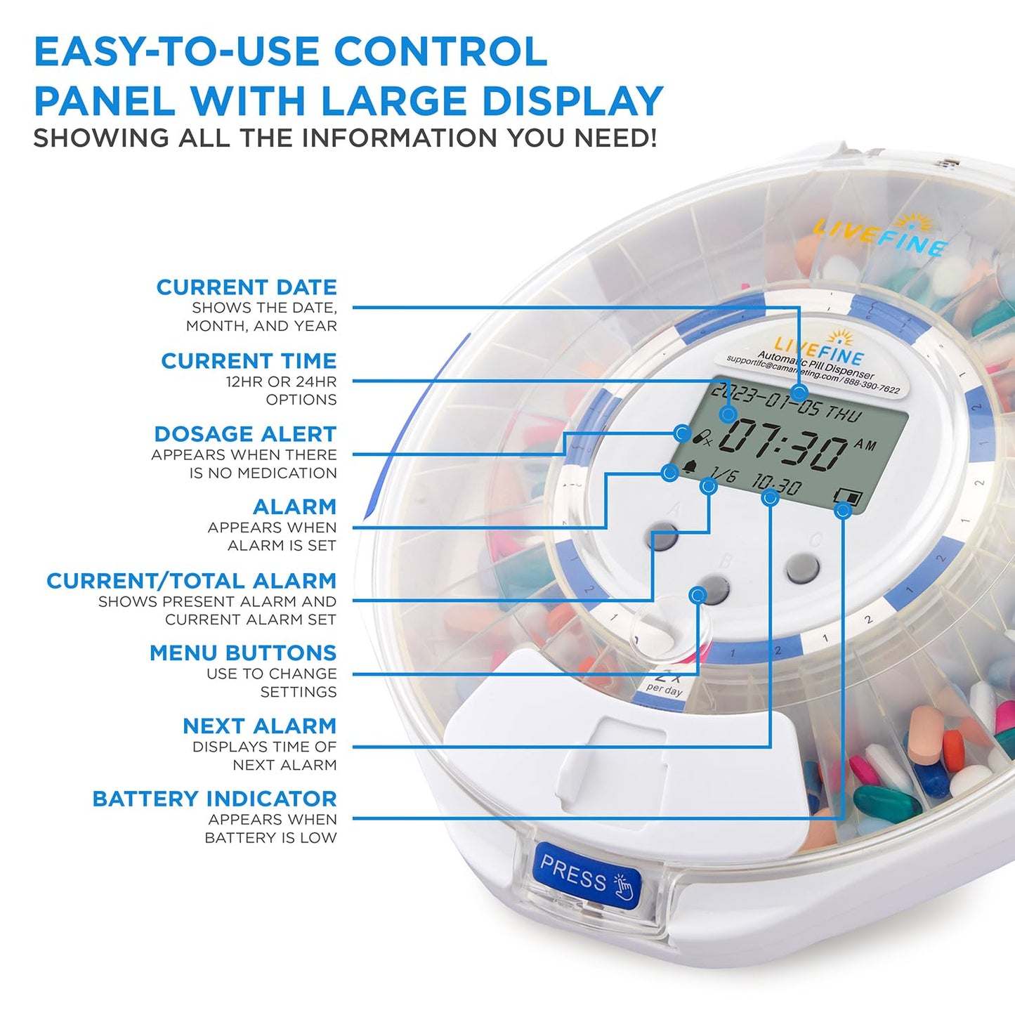 LiveFine Automatic Pill Dispenser with 28-Day Electronic Medication Organizer, 6 Dosage Rings, LCD Display with Sound & Light Alerts, Key & Magnifying Glass for Prescriptions, Vitamins & Supplements