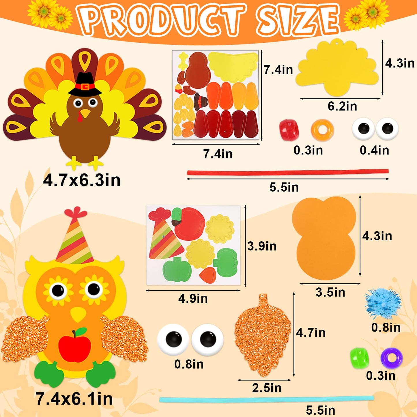 230Pcs Thanksgiving Crafts for Kits 24 Sets Funny Fall Crafts for Kids Include Thicker Turkey Owl Foam Cards Glitter Thanks giving Stickers and All Accessories for Kids Adults Thanksgiving Decorations