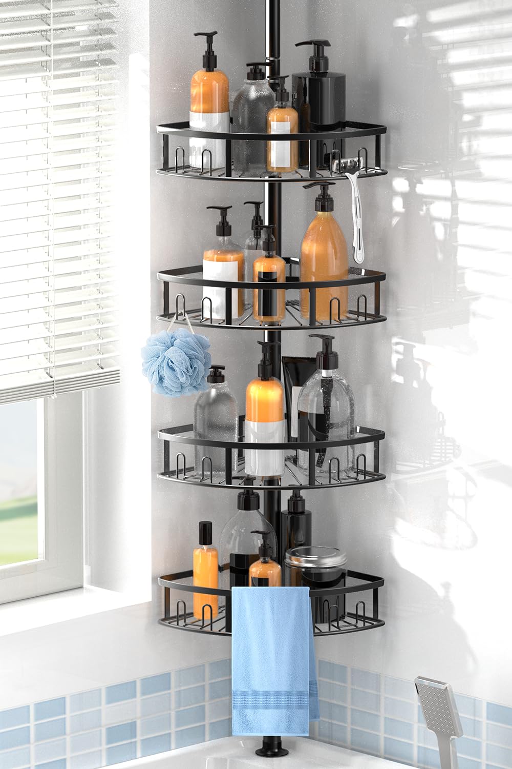 Peyulia 4-Tier Rustproof Corner Shower Caddy with Tension Pole, 42-115 Inch Adjustable Height Shower Organizer, Shower Shelves with Hooks, Freestanding Bathroom Organizer - Black