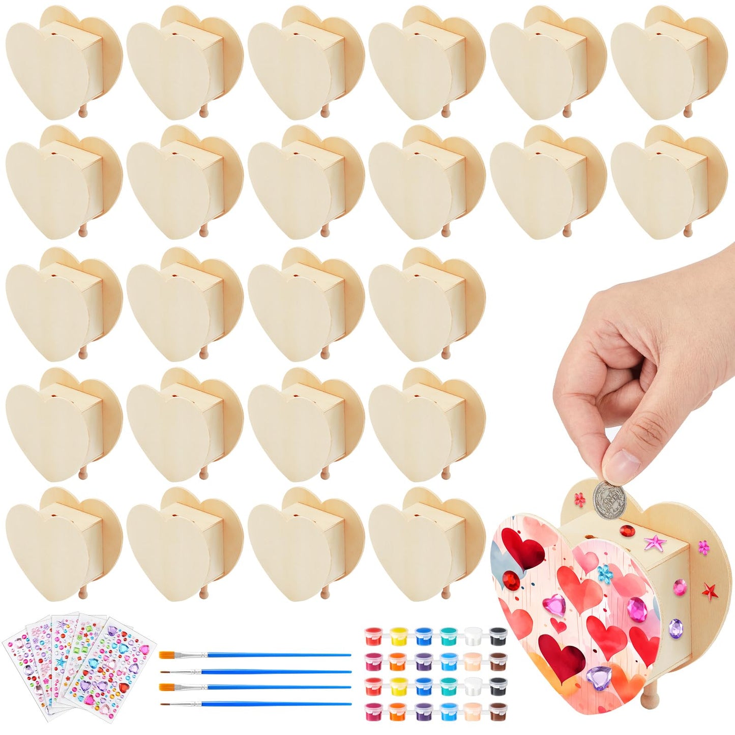 Tioncy 24 Pcs DIY Wooden Piggy Banks Unfinished Heart Shaped Wooden Piggy Coin Banks with 4 Paint Strips 4 Brushes 5 Sheets Gem Stickers Jewels for Crafts Valentine Birthday Activities Gift