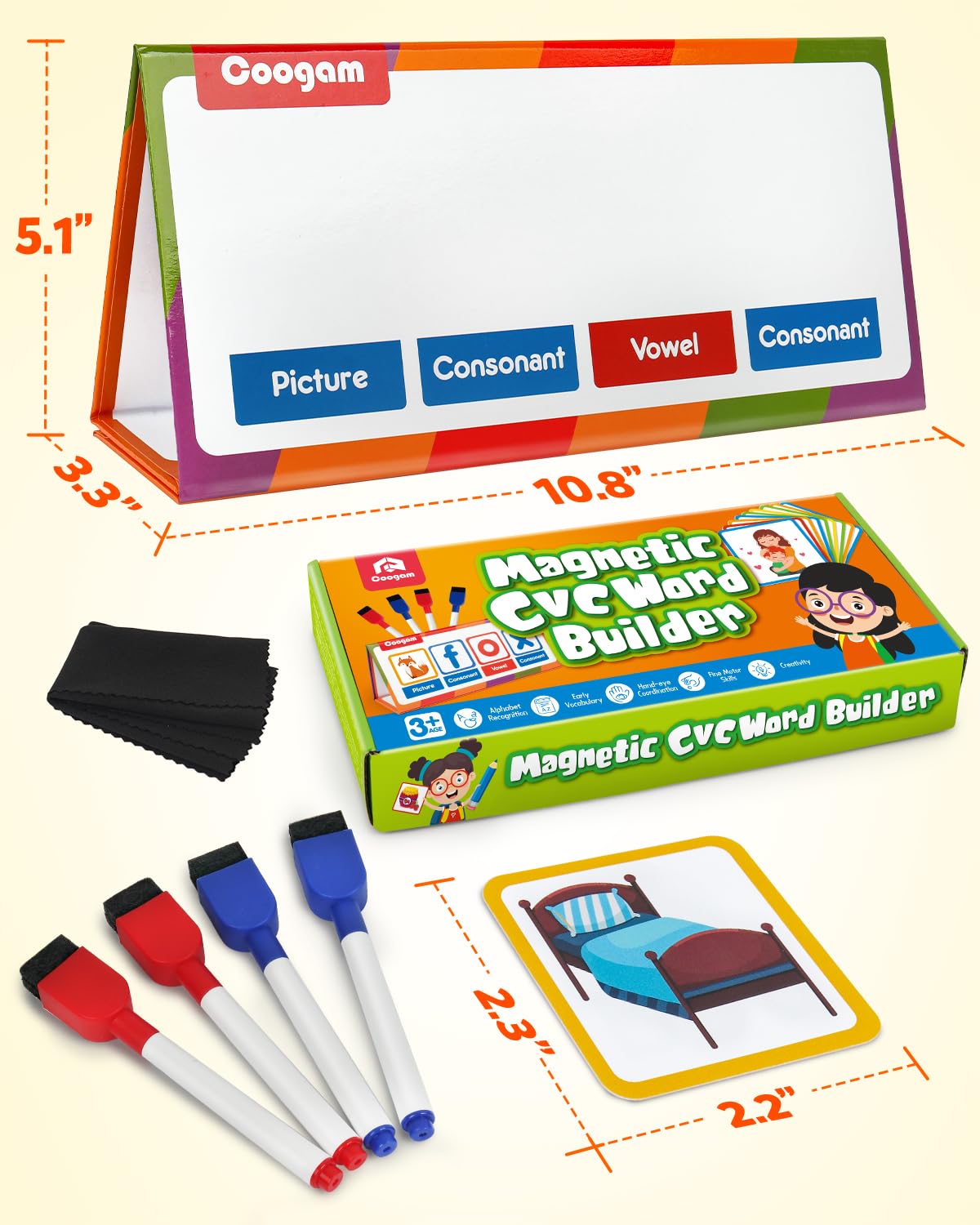 Coogam CVC Word Builder, Magnetic Desktop Pocket Chart CVC Word Reading and Spelling Toy, Montessori Educational Phonics Games Toy Gift School Supplies for Kids