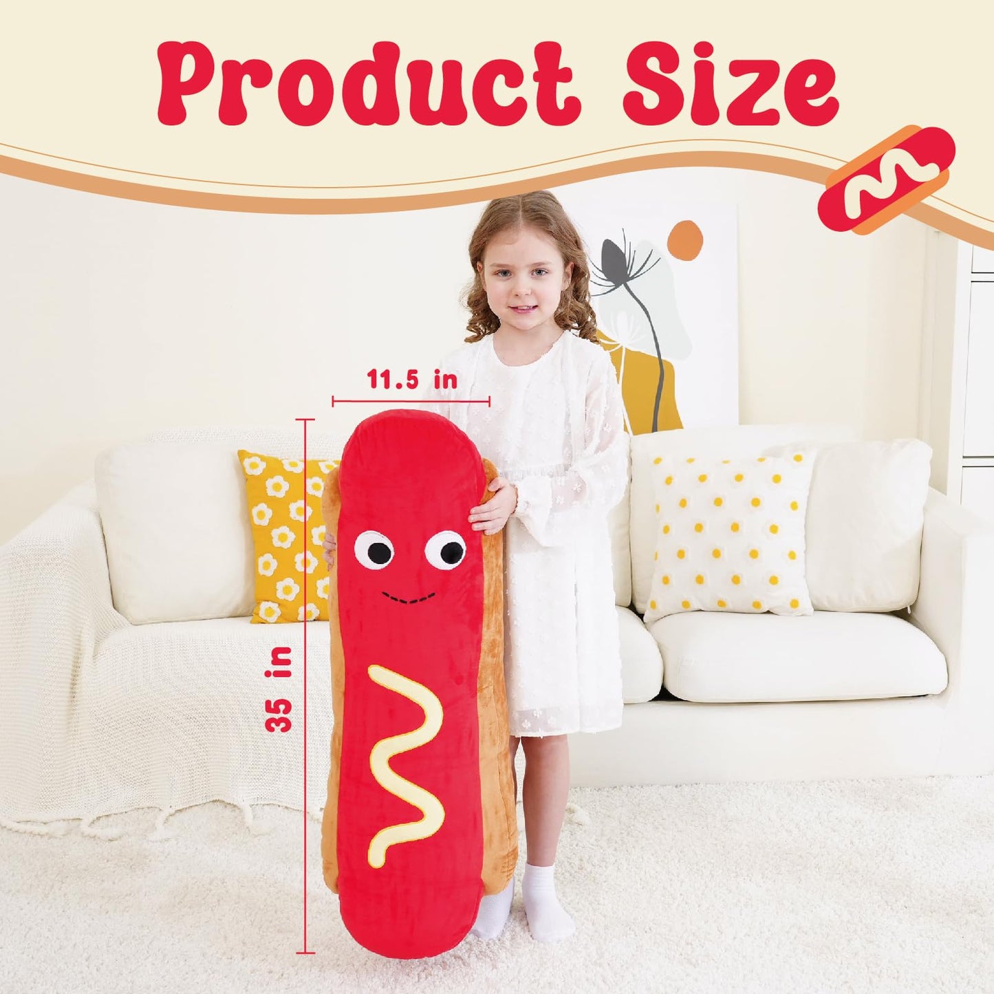Zctghvy Giant Hot Dog Plush Pillow – 35 Inch Funny Food Plush Toy, Soft Stuffed Hot Dog Pillow, Oversized Hugging Cushion, Jumbo Plushie for Kids, Birthday