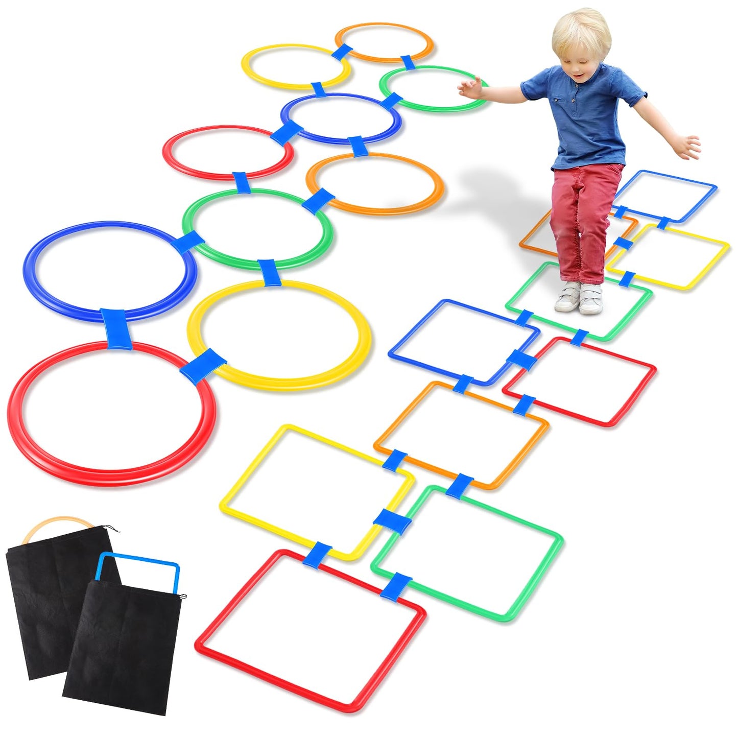 Hopscotch Squares Set Hopscotch Ring Game with Hoops Squares Connectors Outdoor Indoor Obstacle Course for Kids Playground Balance Agility Training Equipment Fun Play (Hoop, Square, 11 Inch, 15 Inch)