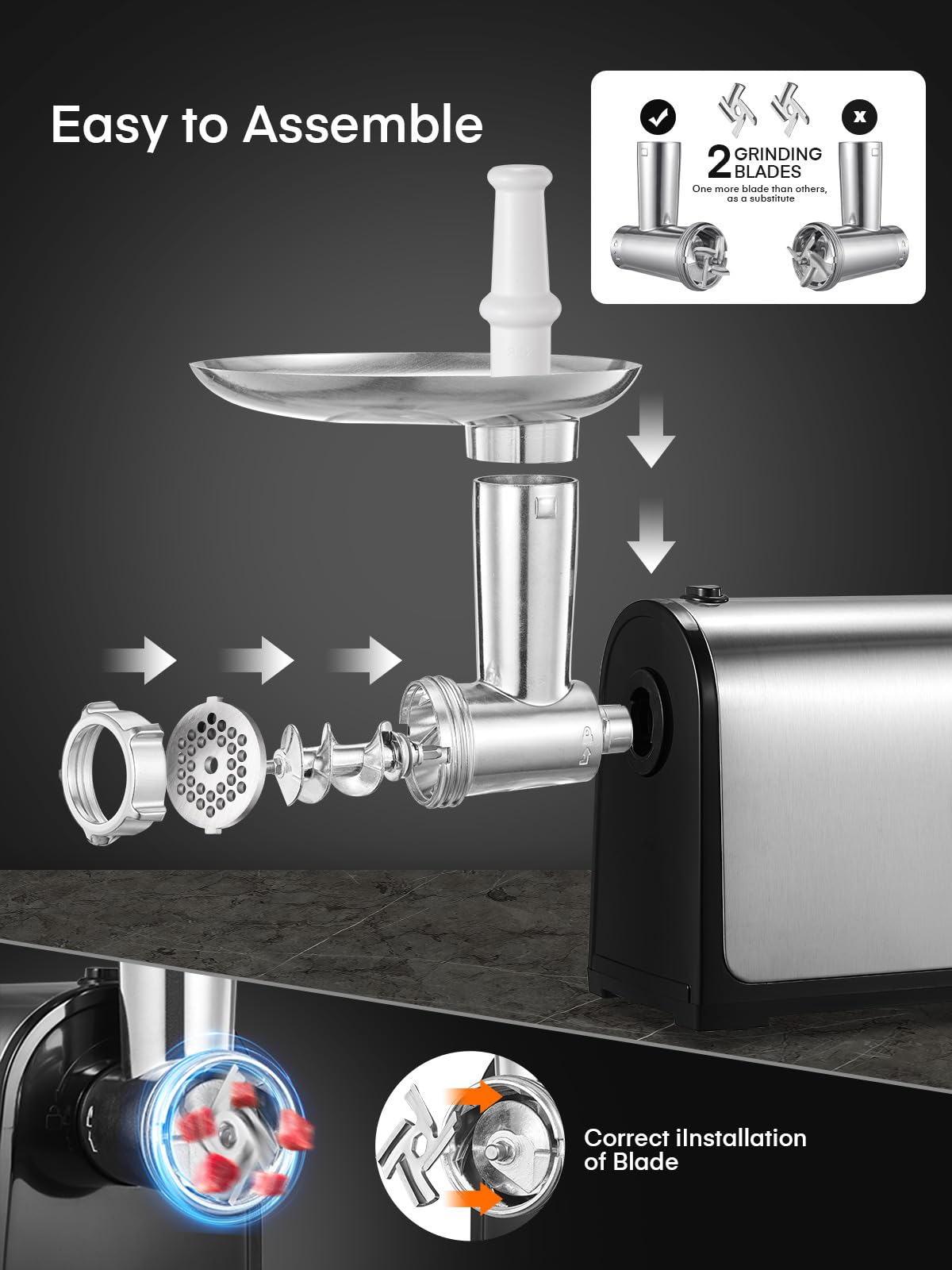 Electric Meat Grinder, 3200W Max Meat Grinders for Home Use, HOUSNAT 3 in 1 Heavy Duty Meat Mincer with 2 Blades and 3 Plates, Sausage Stuffer Tube & Kubbe Kit, Stainless Steel