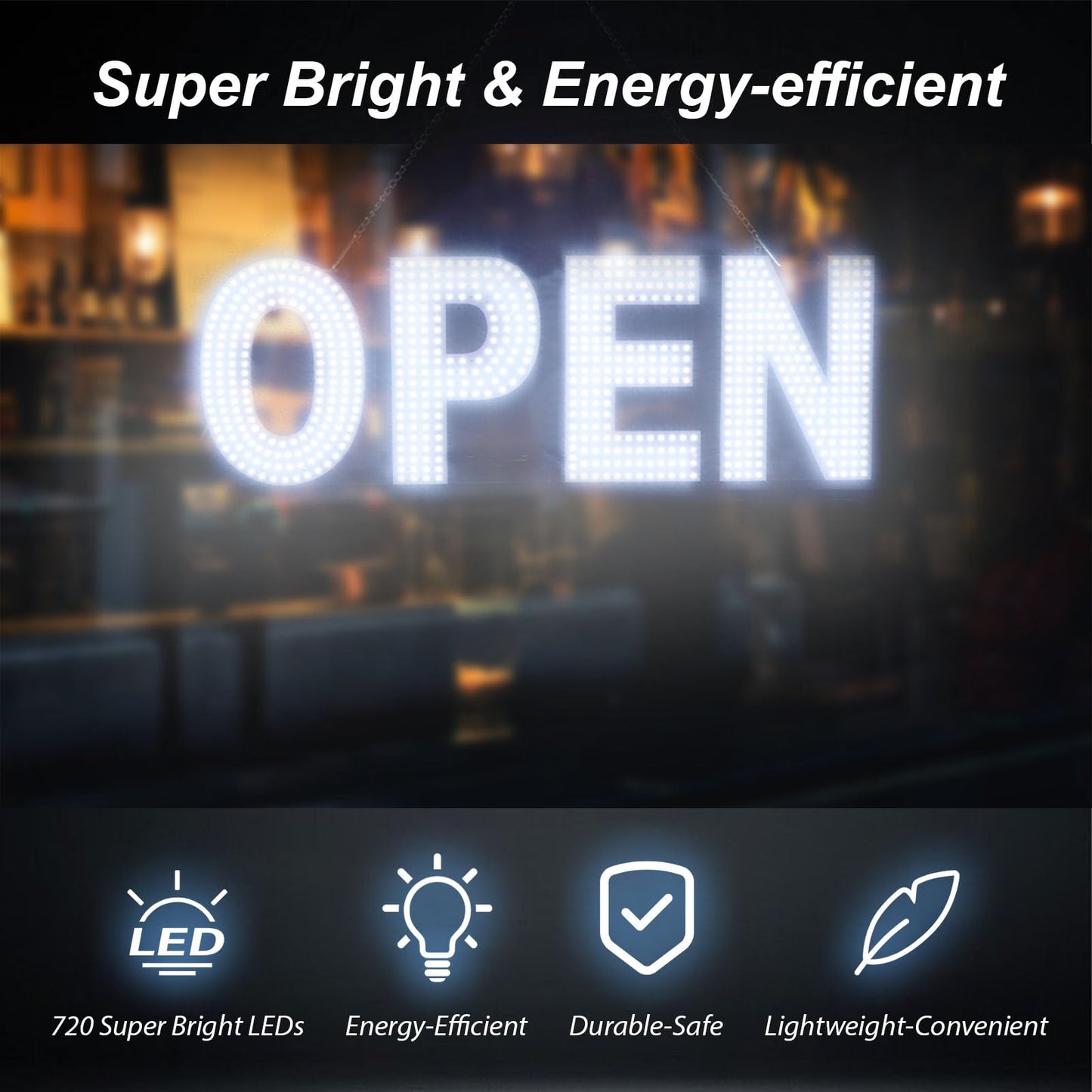 Thirdpolite Open Signs for Business, 30"x10" Dimmable Large LED Open Light Up Sign with Hanging Installation for Salon Gym Cafes Store Office Bar Hotel Pubs Cold white
