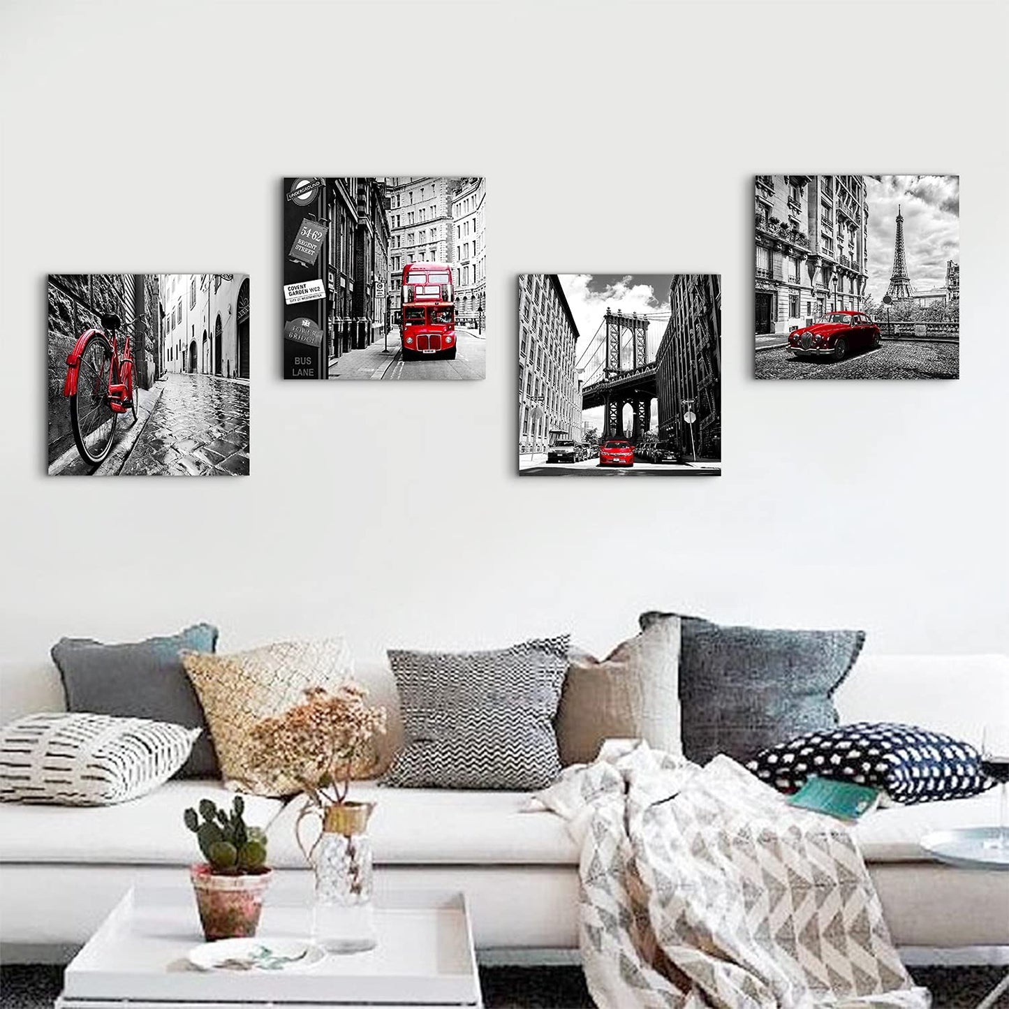 Black and White Canvas Wall Art Bedroom Decor Red City Landscape Pictures Prints Modern Artwork for Living Room Paris New York London Rome Contemporary Painting Kitchen Office Home Decorations 20x20"