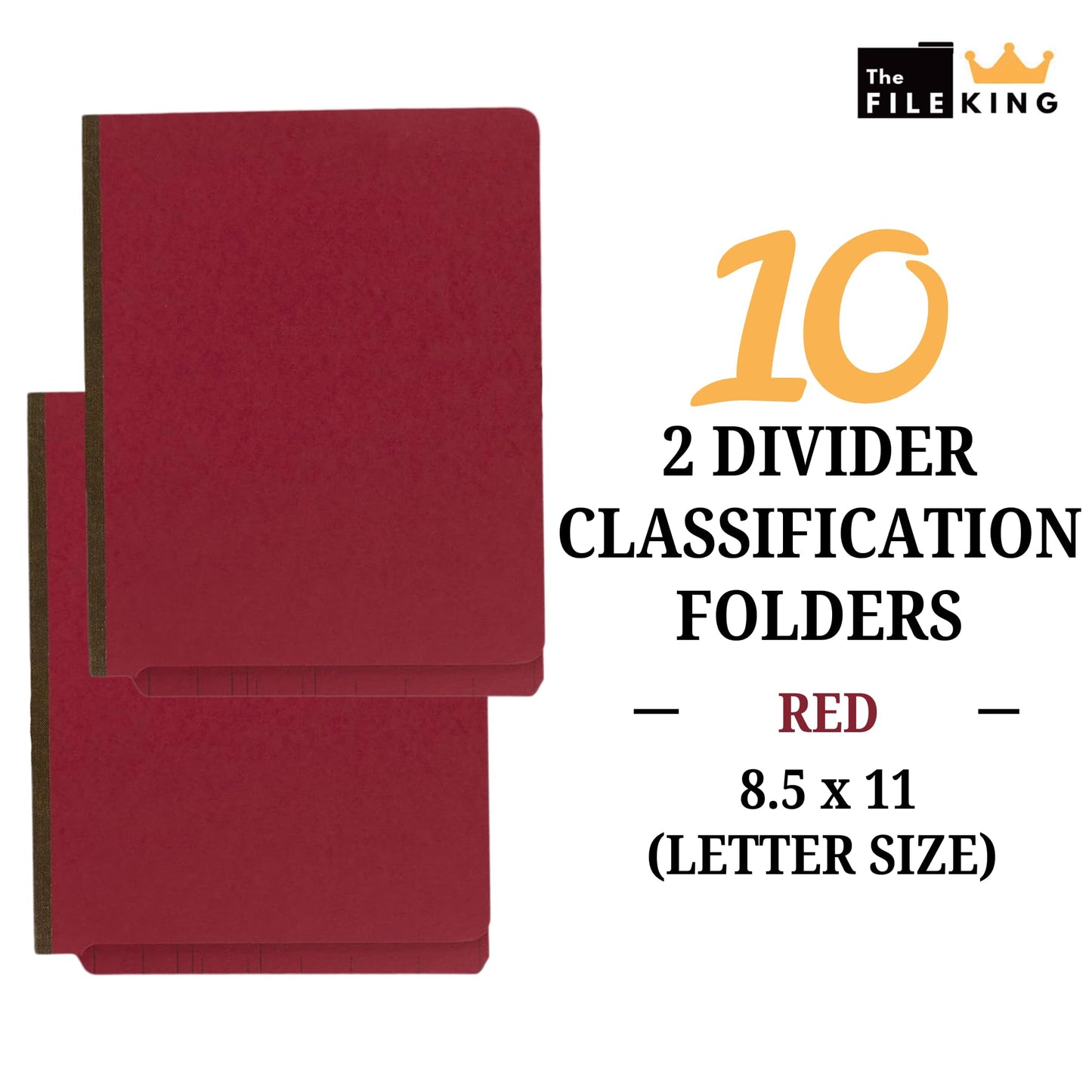 The File King Two Divider Pressboard Classification Red File Folder - Letter Size | Box of 10 | End Tab | 2” Expansion | Six 2-Inch Fastener Prongs | Made in America