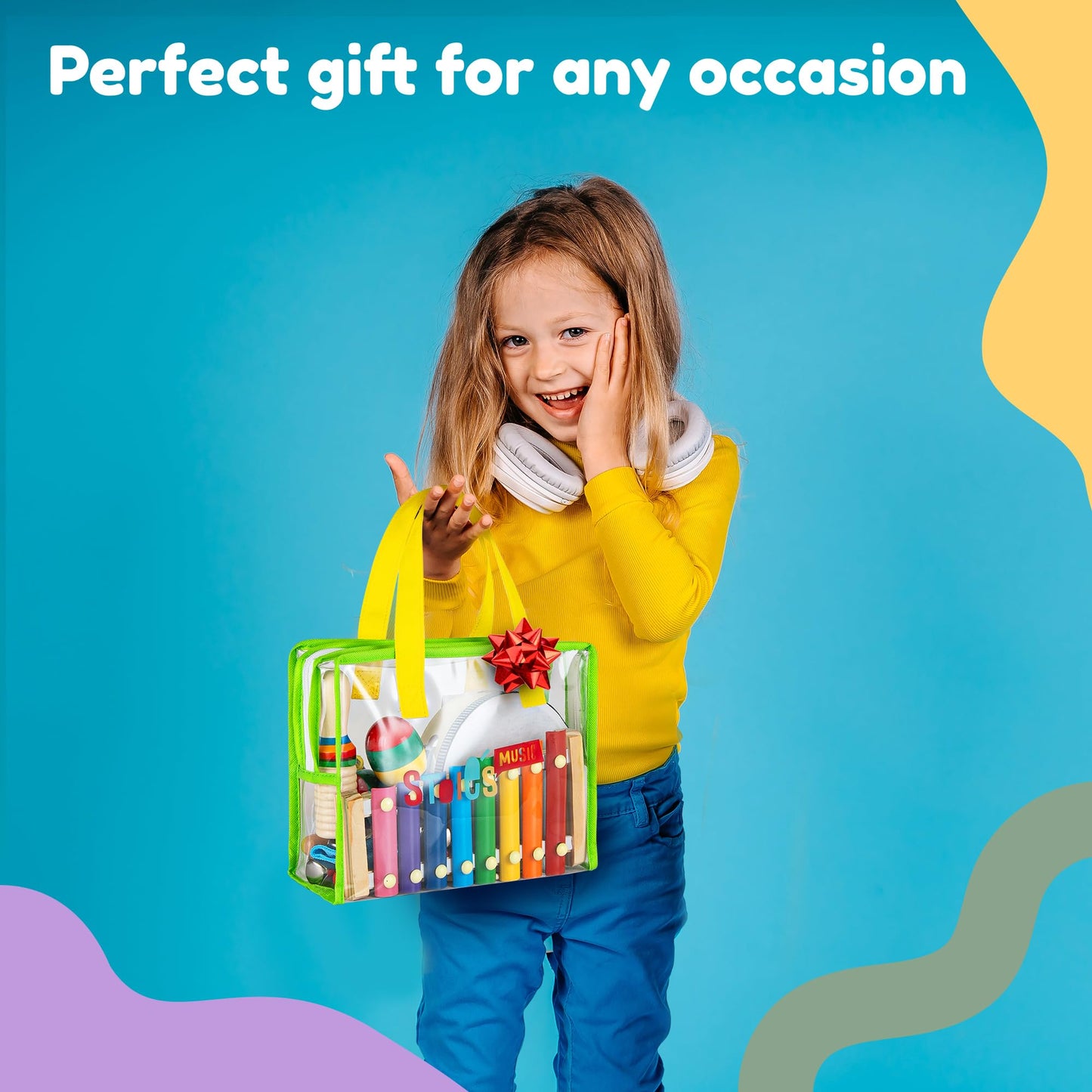 Stoie's Green Bag Kids Musical Instruments for Babies and Toddlers, Montessori Educational Music Toy with Xylophone, Tambourine, Hand Bell, Triangle, Maracas, Durable, Storage Bag