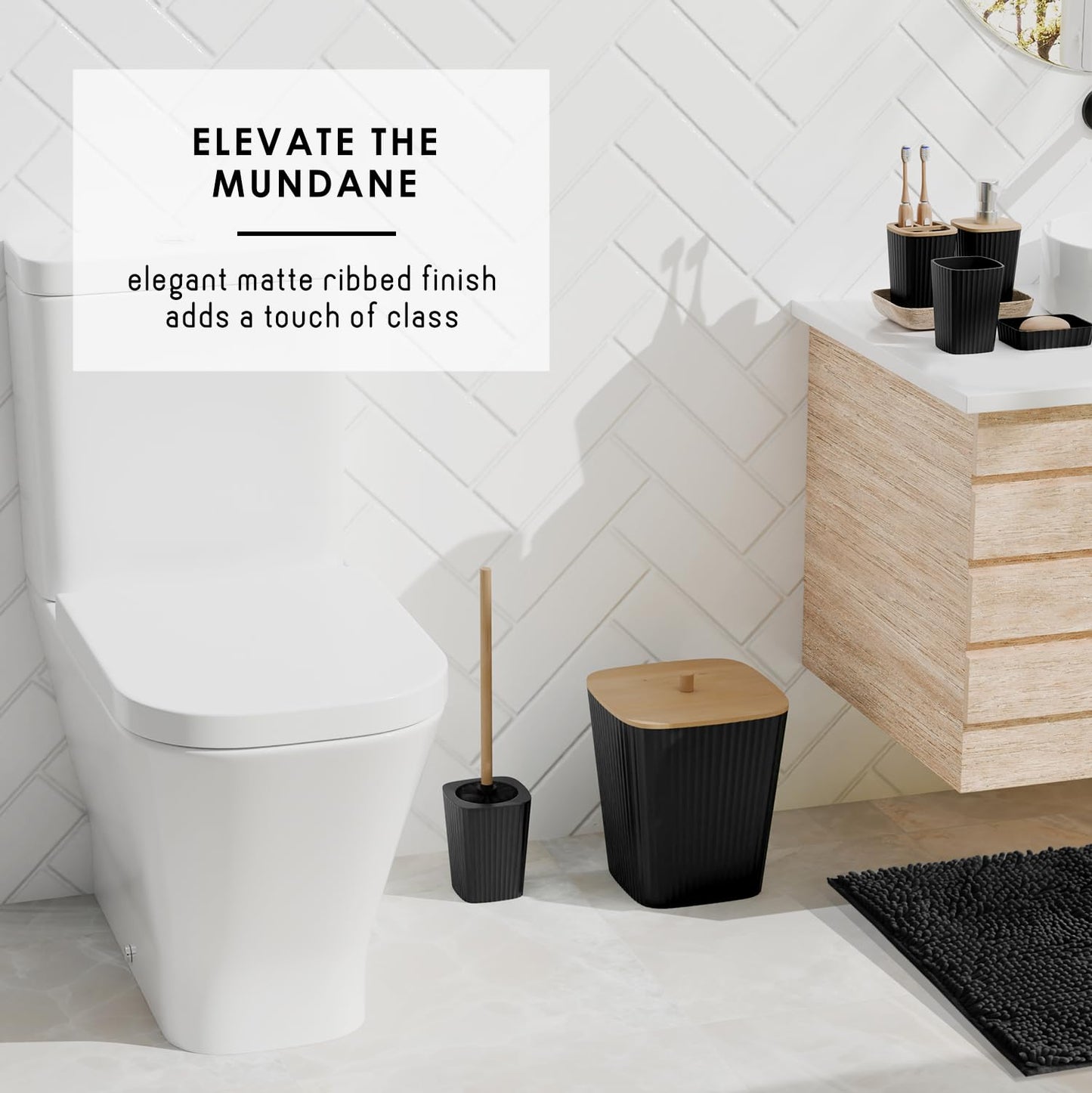 Clara Clark Bathroom Accessories Set - Bathroom Set, Bathroom Sets with Shower Curtain and Rugs, Shower Curtain Set with Bathroom Trash Can - Black - 22PC