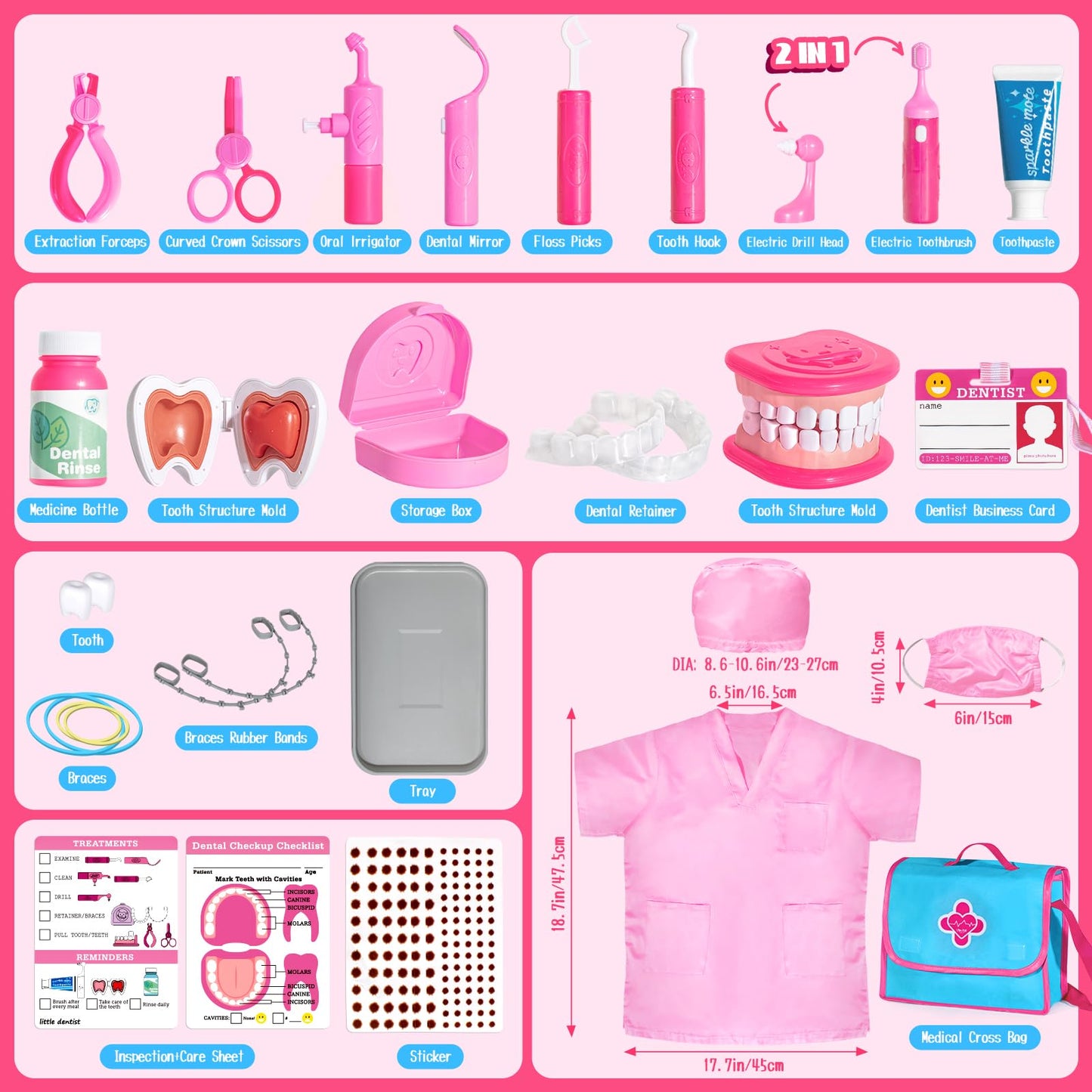 ULOVEME Kids Dentist Play Set Pink with Braces /Removable Teeth /Retainer - Doctor Kit for Toddlers 3-5 - Educational Toys for 4+ Year Old Girls - Pretend Play Toy for Ages 5-7 (Pink)