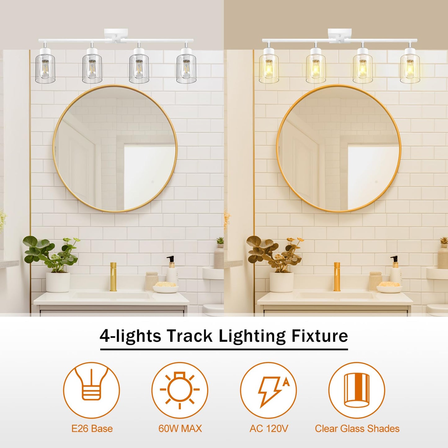 Track Lighting, LED Track Light Fixtures Ceiling Kitchen, 30" 4 Way Ceiling Lights with Clear Glass Shade, Wall Light Fixture with Rotatable Head, White Home Decor for Bathroom Vanity(E26, NO Bulb)