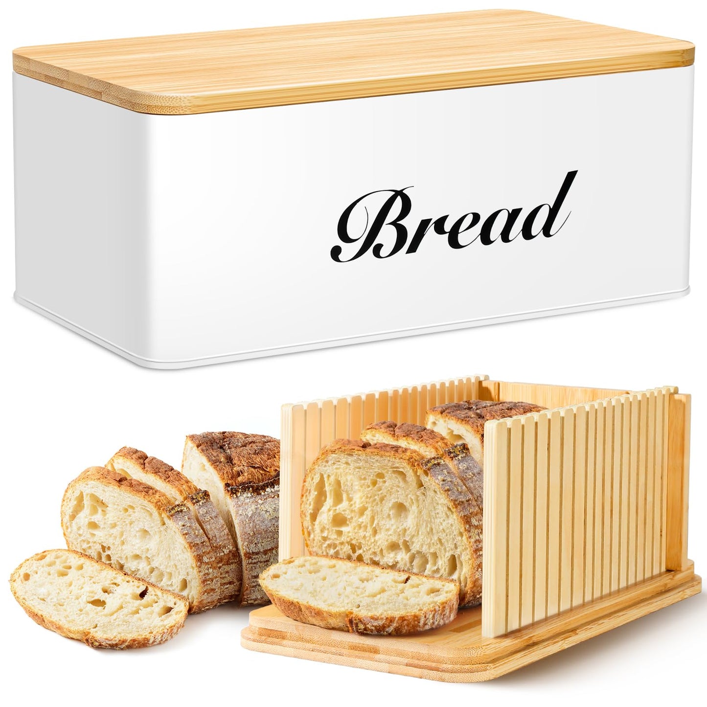 RYTOXILO Bread Slicer for Homemade Bread with Box, White Bread Storage for Kitchen Countertop with 3 in 1 Bamboo Lid, Bread Loaf Slicers Machine with Slicing Guide for Sandwich, Sourdough
