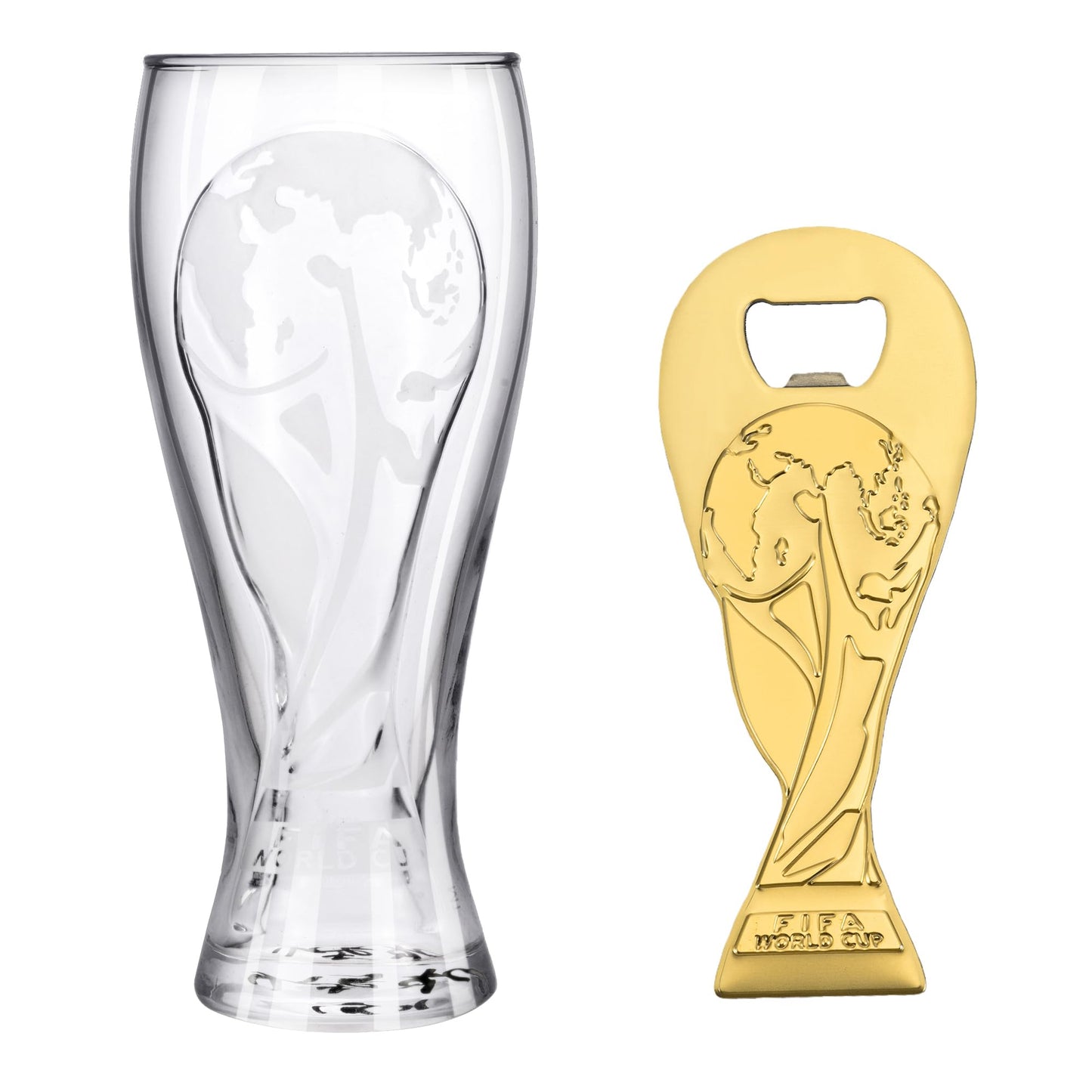 Official FIFA World Cup 2026 Edition - 17oz Pilsner Beer Glass & 6-Inch Trophy Bottle Opener Gift Set - 1 of Each - Perfect for Parties, Mancaves, Gamedays, Tailgates, BBQ’s - Collectors Drinkware Set