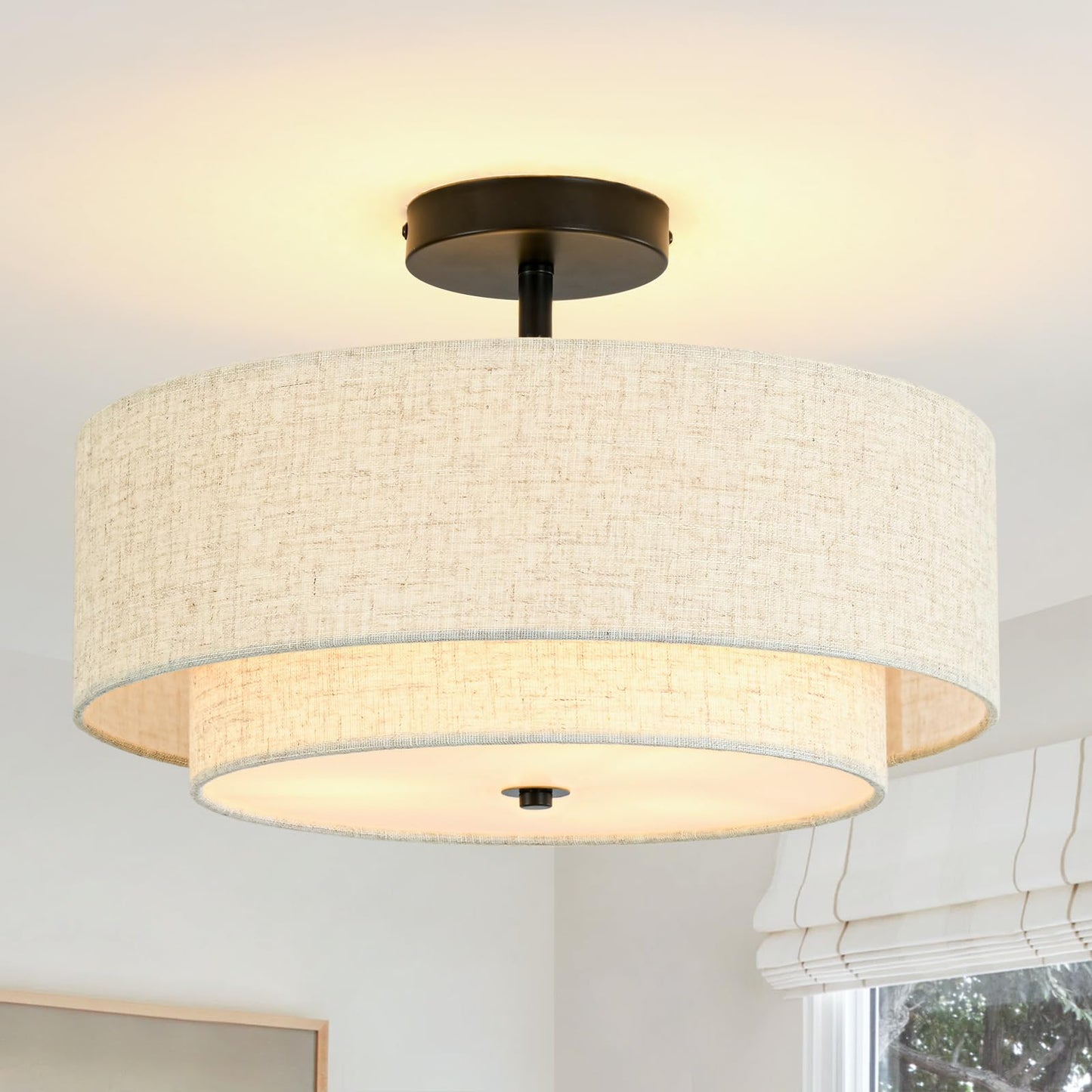 Outiron 16" Semi Flush Mount Ceiling Light, 3-Light Drum Ceiling Light Fixture with 2-Tier Fabric Linen Shade, Farmhouse Chandelier for Dining Room, Living Room, Bedroom, Kitchen, Hallway, Entryway