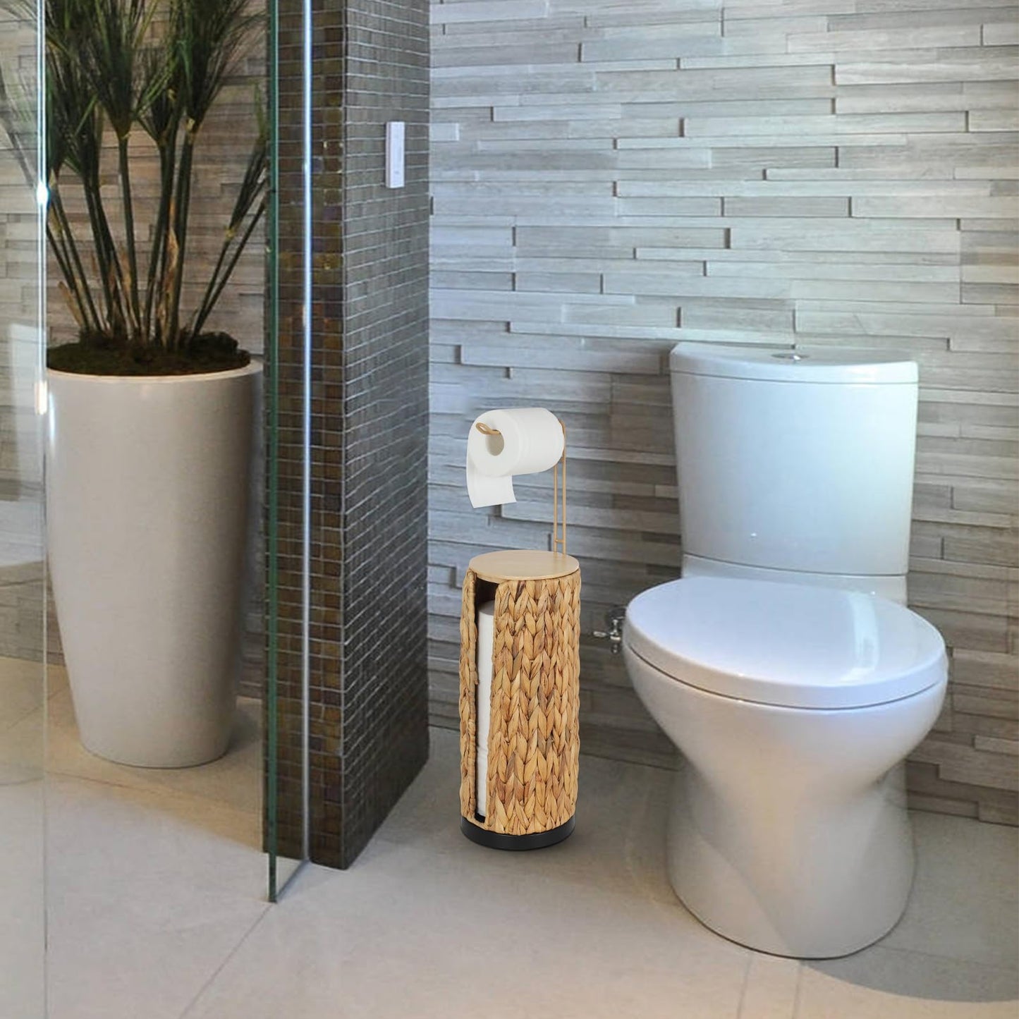 Freestanding Toilet Paper Holder with Storage,3 Rolls of Tissue Holder for Bathroom,Handmade Woven Toilet Paper Roll Holder Stand,Water Hyacinth Boho Bathroom Decor Farmhouse Toilet Paper Storage