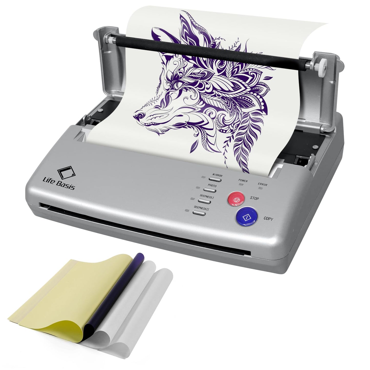 LifeBasis Tattoo Transfer Stencil Machine Professional Thermal Tattoo Stencil Printer with Tattoo Transfer Paper 20 Sheets Tattoo Printer Kit for Men