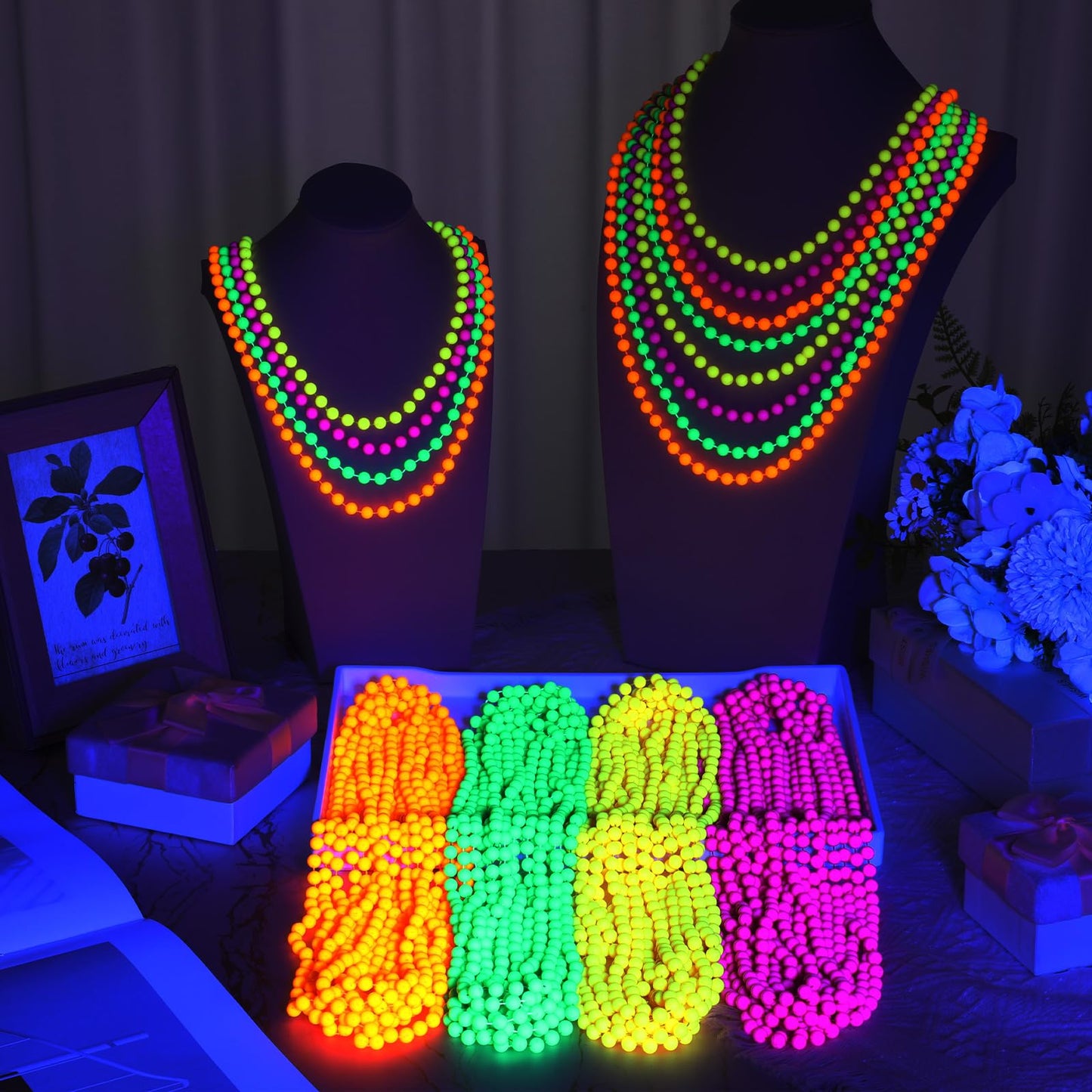 Ecally 96 Pieces Glow in the Dark UV Neon Bead Necklaces Glow Party Supplies 80s UV Black Light Neon Accessories Necklaces Bulk for Birthday Decorations Wedding Party Halloween