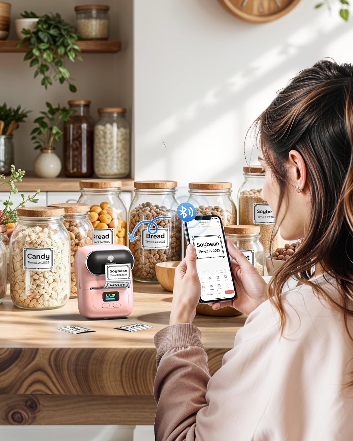 Phomemo M110 Label Maker Machine- with 3 Label Bluetooth Label Maker for for Business Labeling, Barcode, Office, Cable, Retail, with Fonts Choose, Icons, Templates, Pink