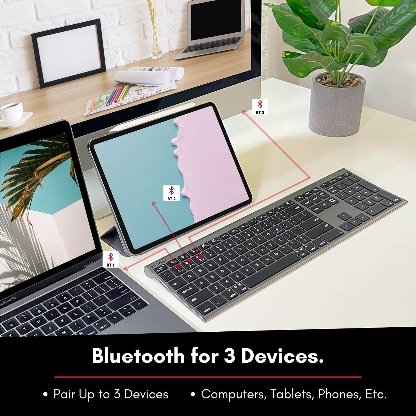 Macally Wireless Bluetooth Keyboard for Mac - Compatible Apple Keyboard Wireless for Mac iOS PC Android - Switch Between 3 Devices with Multi Device Mac Bluetooth Keyboard for MacBook Pro/Air, iMac