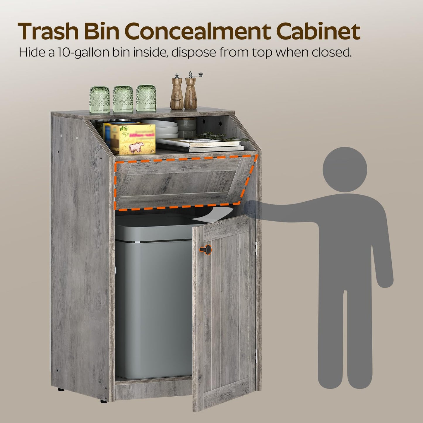 Trash Cabinet, Freestanding Trash Can Cabinet, Wooden Recycling with Flip Door, Hidden Kitchen Garbage Can, 10 Gallon Laundry, for Kitchen, Laundry, Greige WB01BG