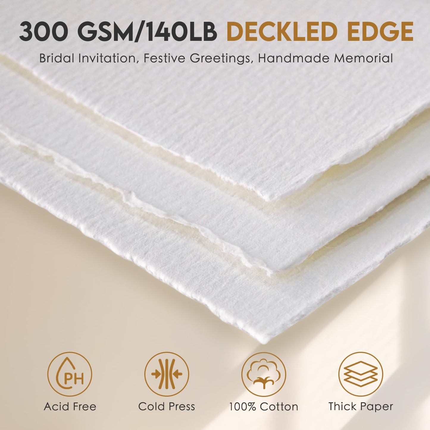 KOVIEDE Handmade Watercolor Paper 4x6 Inch, 140LB/300 GSM 100% Cotton Deckled Edge Paper, 100 Sheets Thick Textured Rough Mixed Media Paper for Postcards Wedding Invitations Arts Gifts