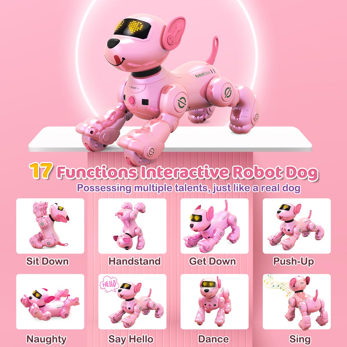 VATOS New Kids Smart Remote Control Robot Dog,17 Fun Interactive Functions Intelligent Programmable Kids Robotic Puppy with 2 Batteries, Singing Dancing Walking Robot Dog Toy for Girls 3-8 Year Pink
