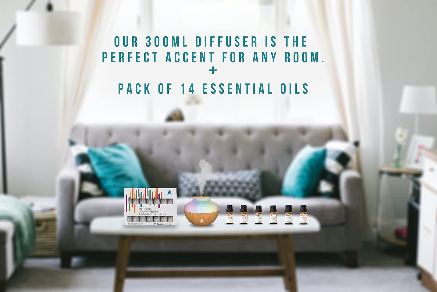 Pursonic Aromatherapy Diffuser & Essential Oil Set-Ultrasonic Diffuser & Top 14 Essential Oils-300ml Diffuser with 2 Mist Settings & 7 Ambient Light Settings-Therapeutic Grade Essential Oils