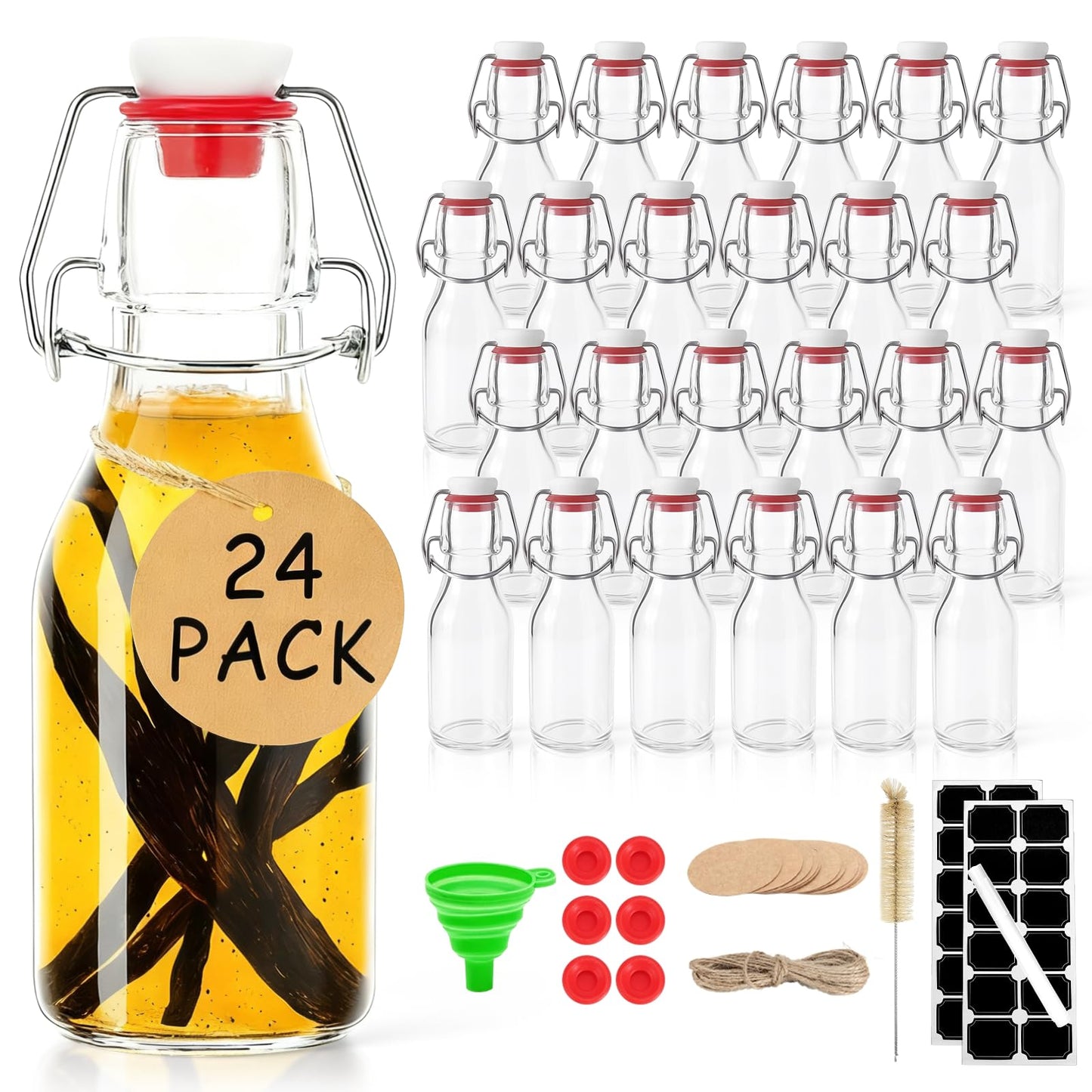 Ruckae 24 Pack 4oz Swing Top Glass Bottles with Lids Kombucha Coquito Flip Top Glass Bottle for Syrup Vanilla Extract Brew Beer Kefir Air Tight Bottles for Gift (4 oz 24 pack)