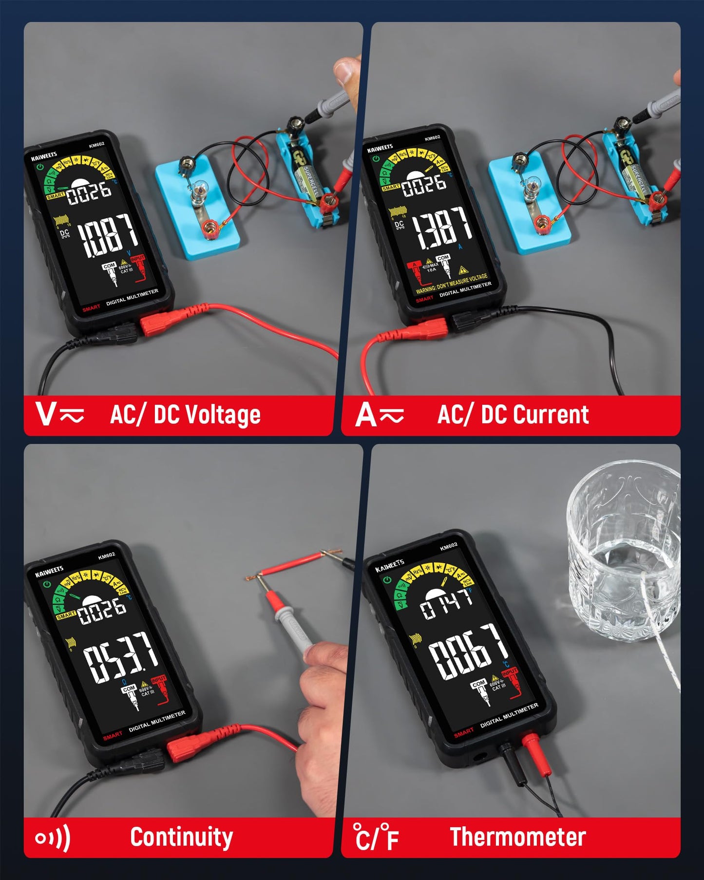 KAIWEETS Smart Multimeter Rechargeable Electrical Tester with Auto Ranging Digital Voltmeter Measures Voltage Current Resistance Continuity Capacitance Temperature Frequency NCV 6000 Counts TRMS