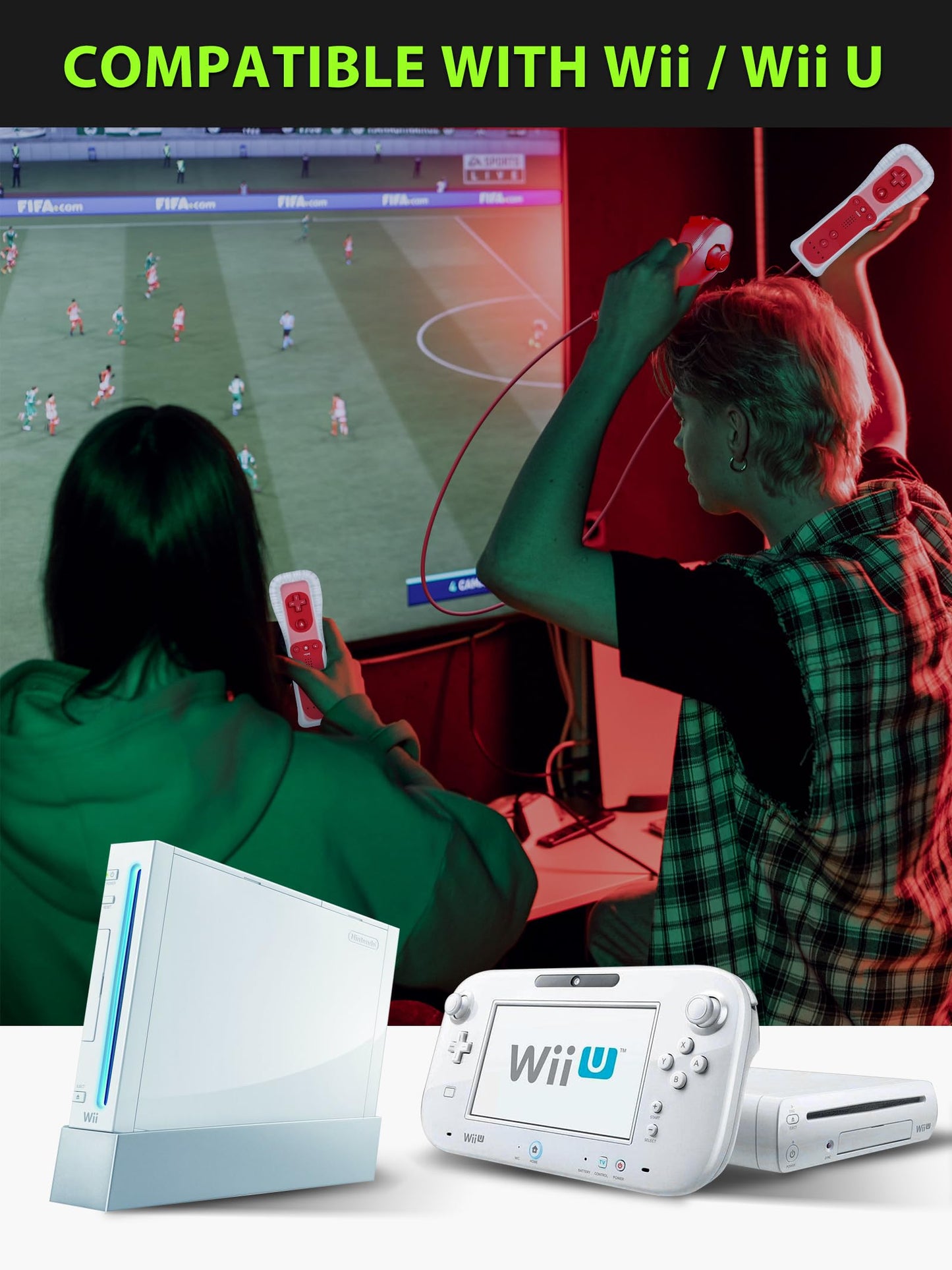 (Red*2) Remote Controller with Motion Plus for Wii/WII U, 2 in 1 Remote with Nunchuck Controller for Wii/WII U Console [nintendo_wii_u]