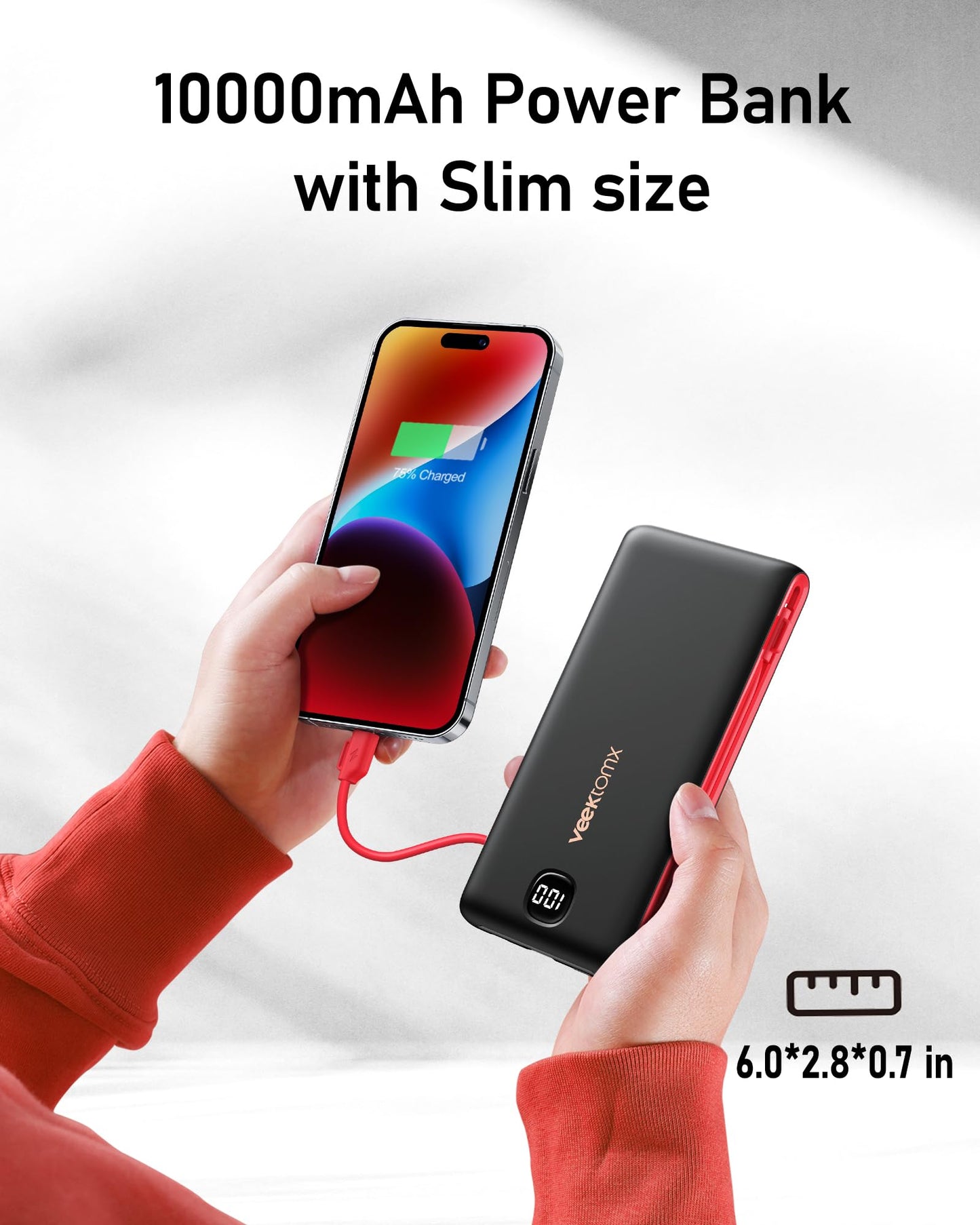 VEEKTOMX Portable Charger with Built in Cables 10000mAh, Power Bank for iPhone with AC Wall Plug, Fast Charging USB C Slim Battery Pack with LED Display Compatible with iPhone15/14/13, Samsung