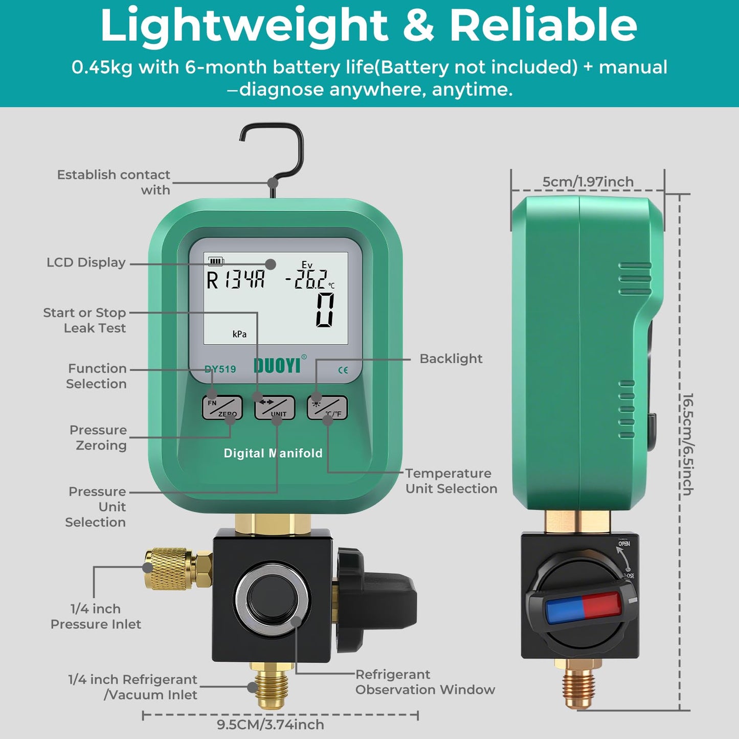 DUOYI DY519 3-in-1 HVAC Digital Manifold Gauge Refrigerant Charging, Vacuum Testing & Leak Detection 24 Refrigerant NIST Compatible High Precision Pressure Meter for AC Pros & DIYers
