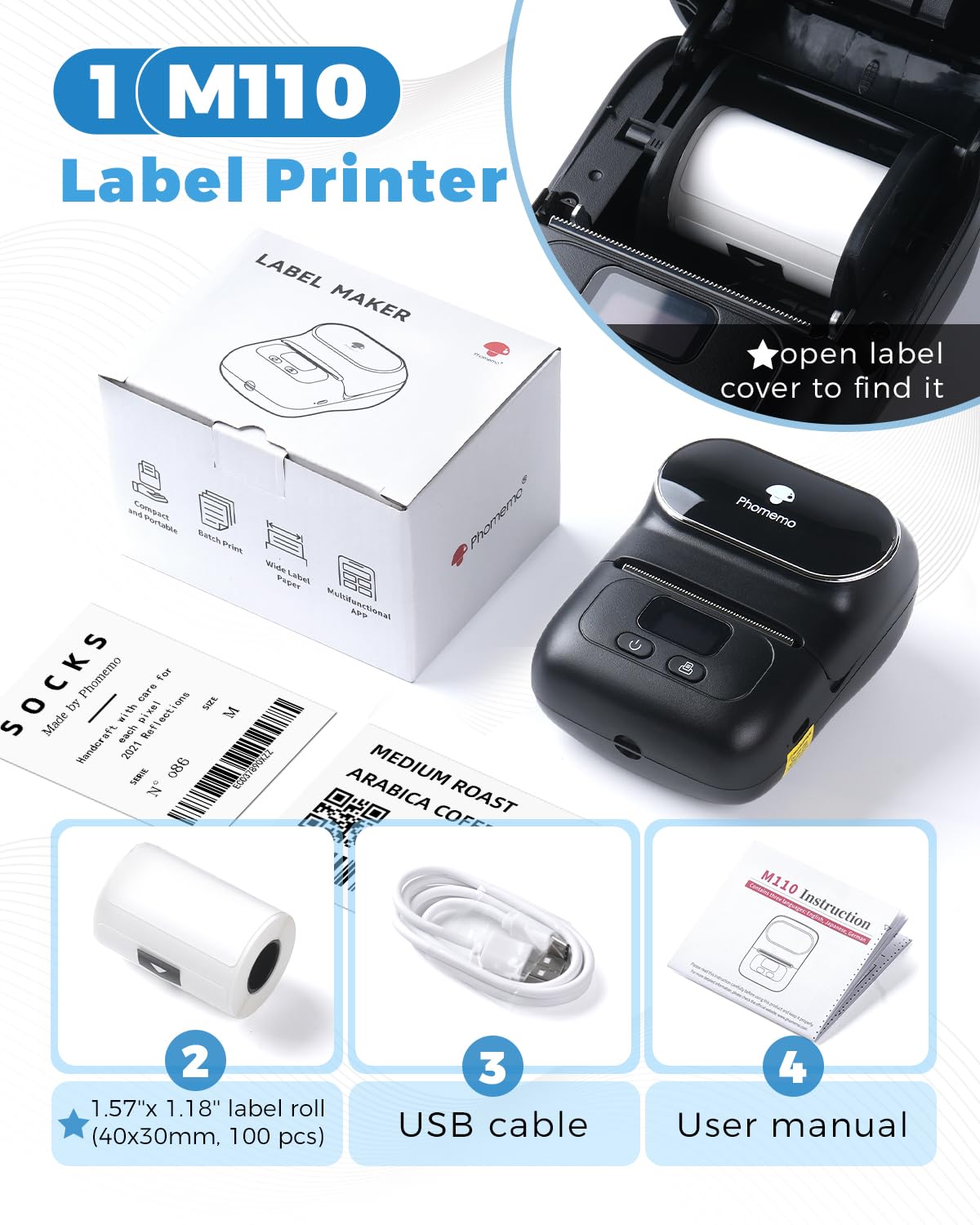 Phomemo Thermal Label Maker, Barcode Printer, M110 Upgraded Label Printer Bluetooth No Ink Portable, for Small Business, Address, Office, Home for Phone; for PC/Mac(USB), with 100 Labels, Ebony Black